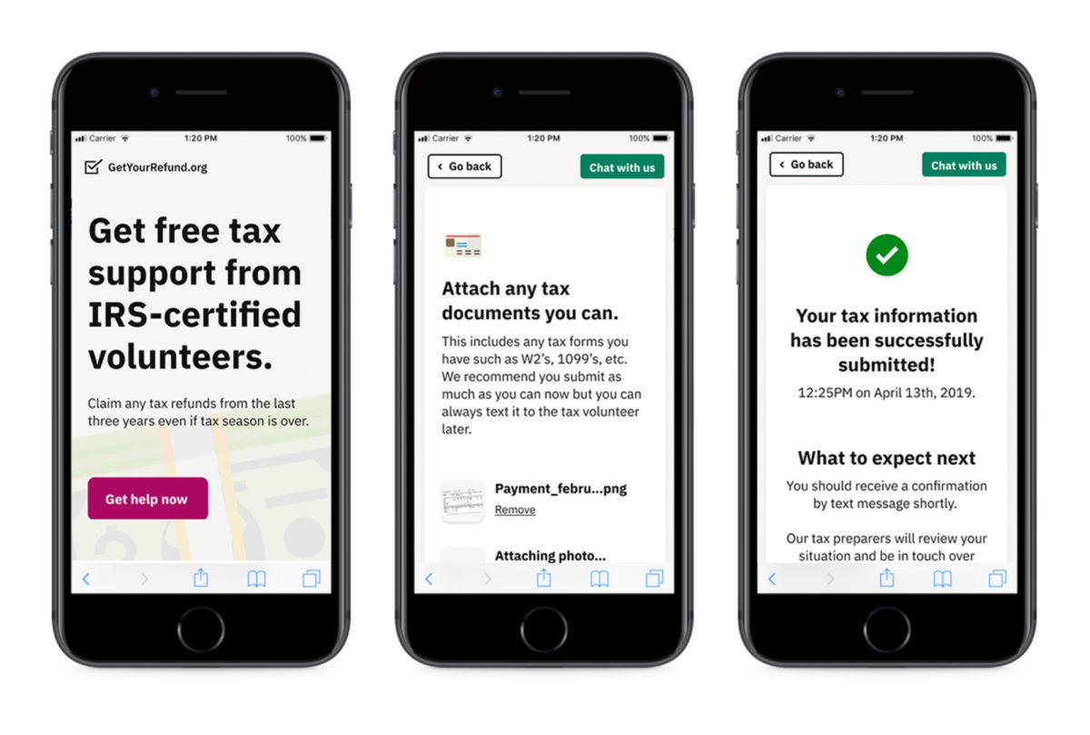 A mobile phone screen that reads "Get free tax support from IRS-certified volunteers"