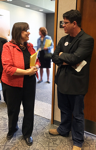 <p>Montgomery County Treasurer, Carolyn Rice with Code for Dayton volunteer, Dave Sparks</p>