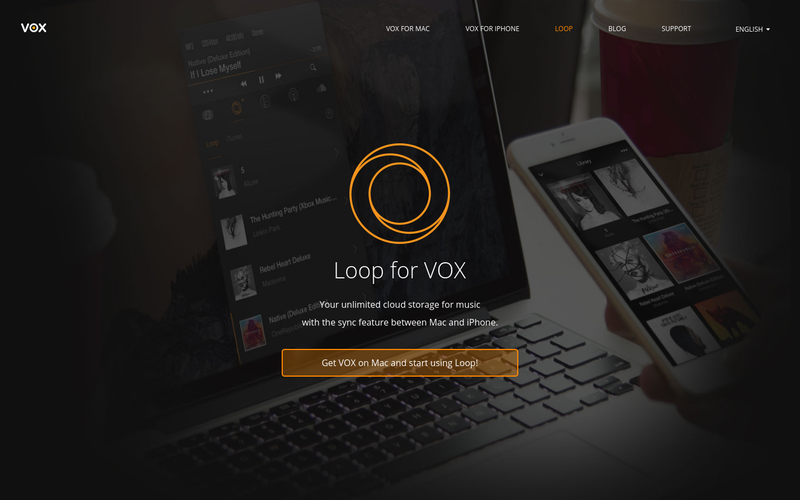 LOOP Music Cloud Storage for VOX HD Audio Player can store unlimited amount of music. LOOP logo with 'Get VOX now' button