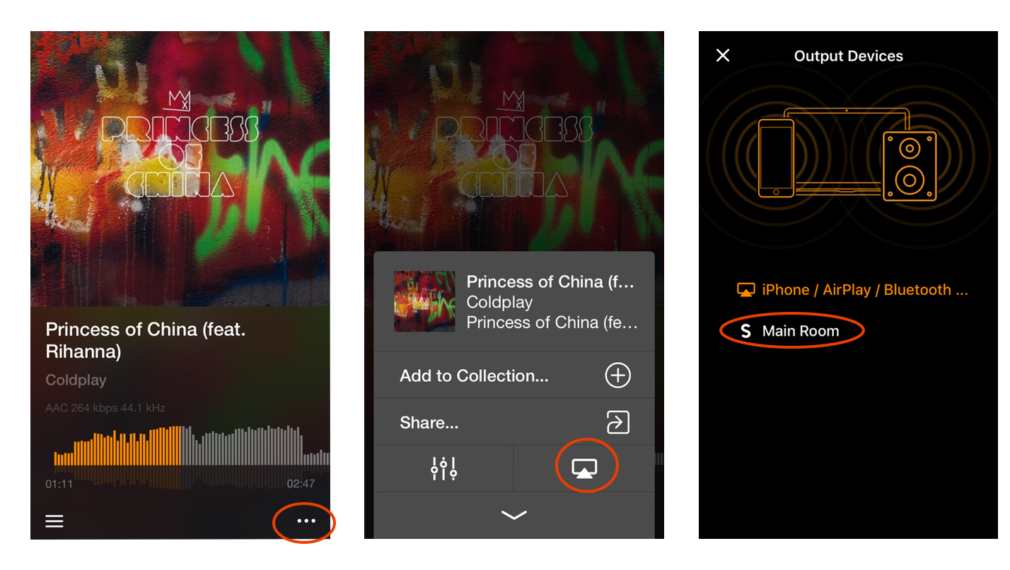 Three pictures with step-by-step instructions showing how to play music in VOX for iPhone with Sonos Speakers.