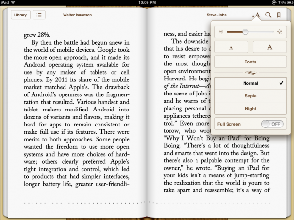 iBooks with the new full-screen option