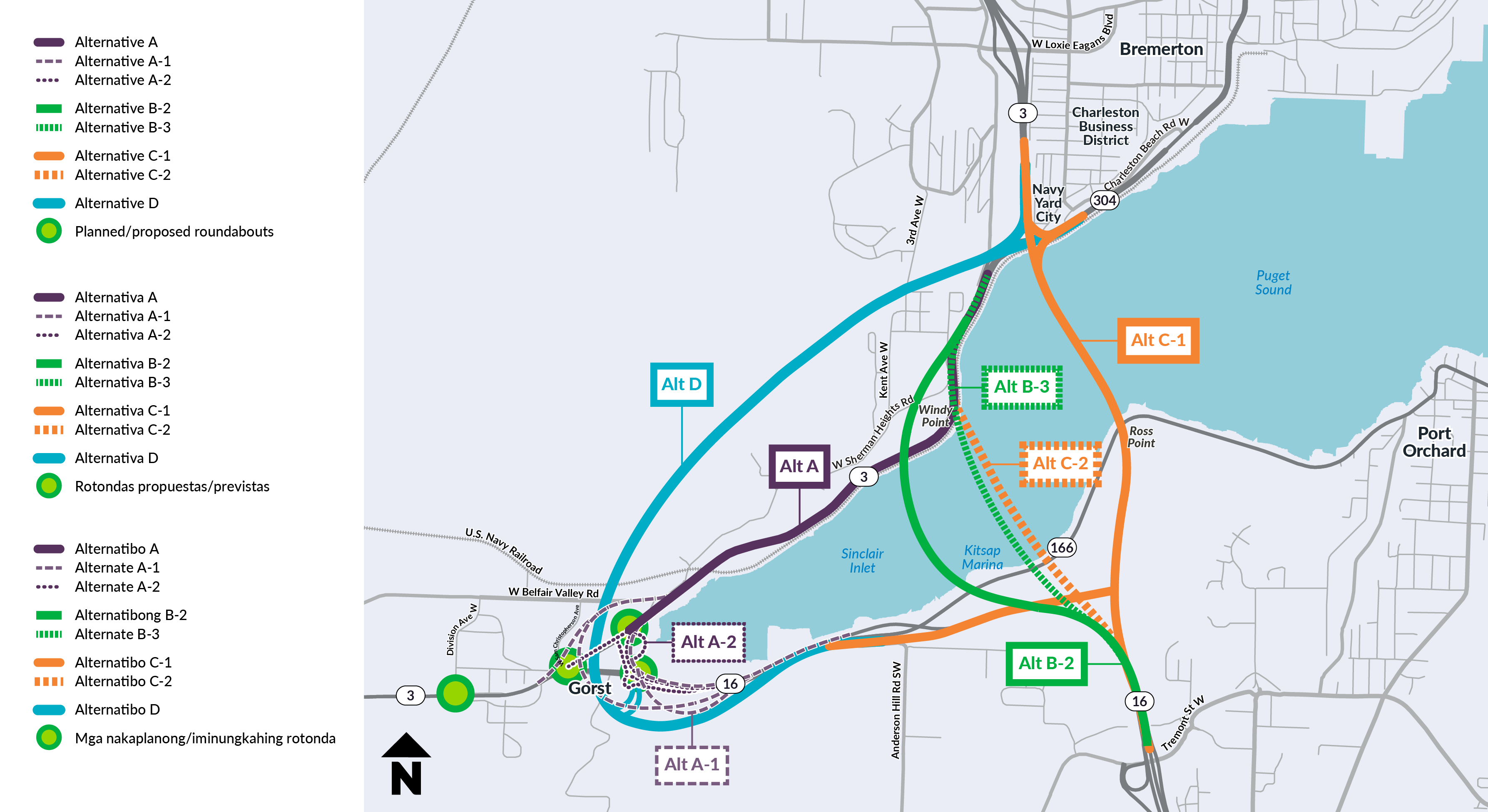 Map of SR 3 Gorst Area route alternatives (A, A-1, A-2, B-2, B-3, C-1, C-2, and D) studied during the detailed (Level 2) screening, including planned and proposed roundabout locations.