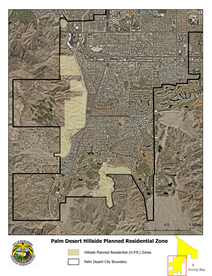 Map of South Palm Desert that identifies areas affected by hillside design standards. Generally the west hillside and a pocket near Ironwood.