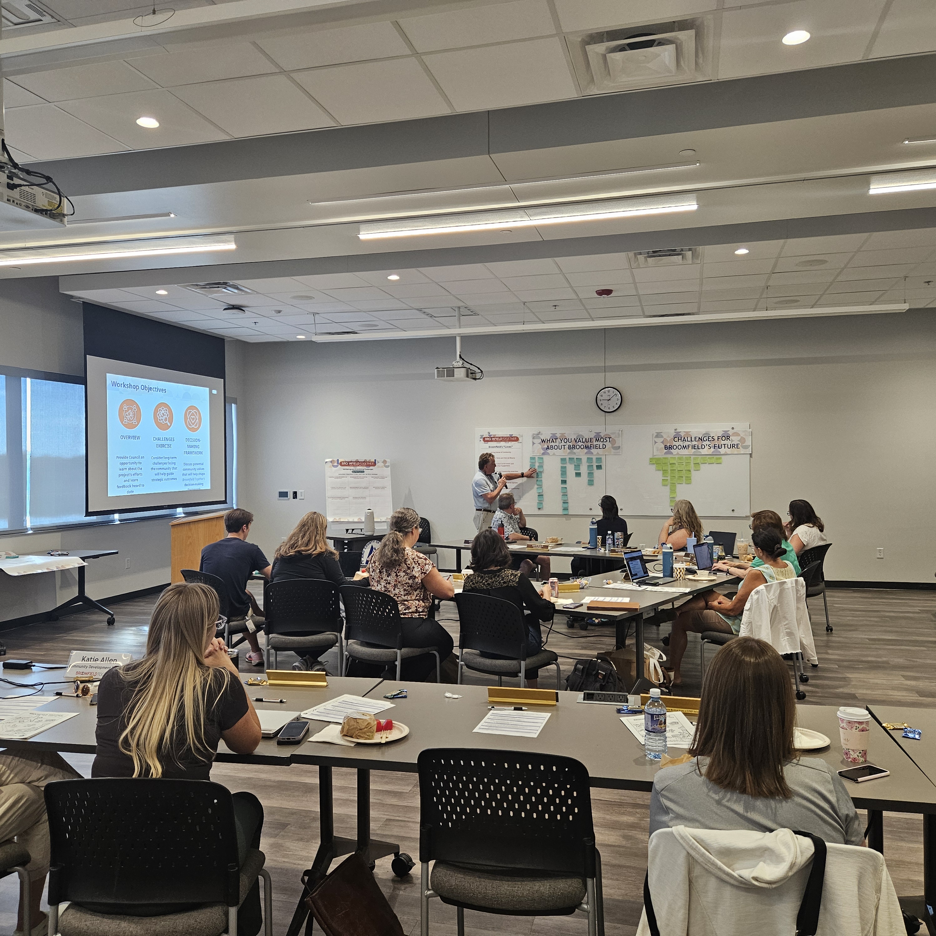 Photograph of a community workshop in a conference room. A facilitator stands at the front, pointing to a whiteboard titled "What You Value Most About Broomfield" which is covered in blue sticky notes. An adjacent whiteboard is titled "Challenges for Broomfield's Future" and is covered in green sticky notes. A projector screen on the left displays "Workshop Objectives" with three sections: Overview, Challenges Exercise, and Decision-Making Framework. Participants are seated at tables with laptops and notebooks, facing the front of the room.