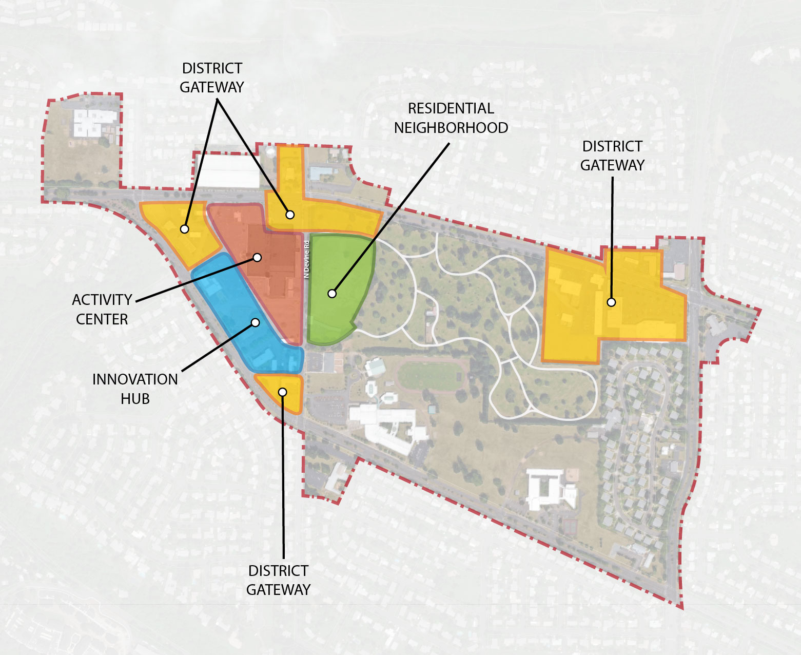 Map of the character zones/sub-districts established for the Heights District showing where they are applied. The character zones established for the District include the Activity Center, Residential Neighborhood, Innovation Hub, and District Gateways.