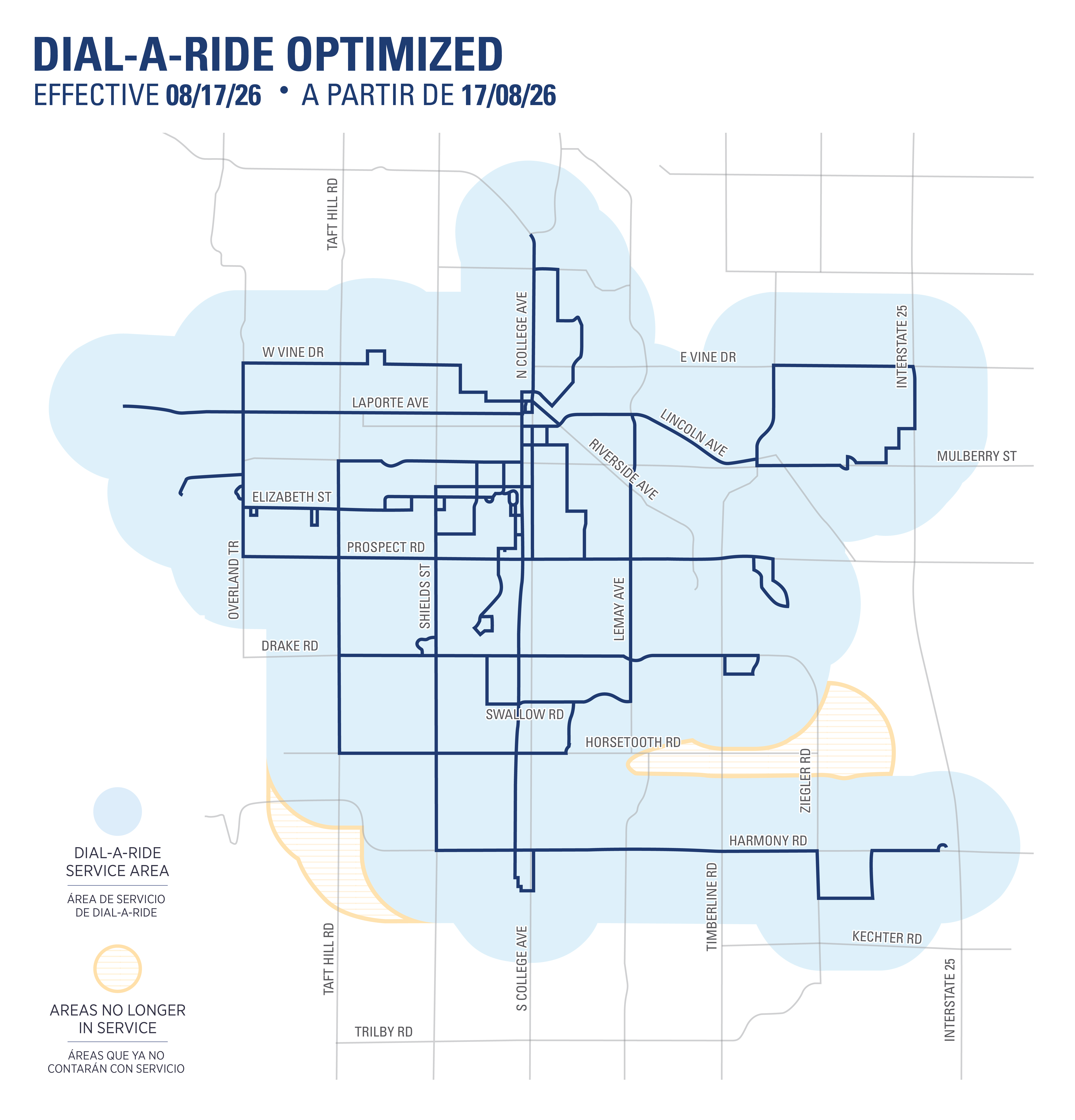 This map shows expected Dial-a-Ride service changes taking place Aug. 17, 2026.