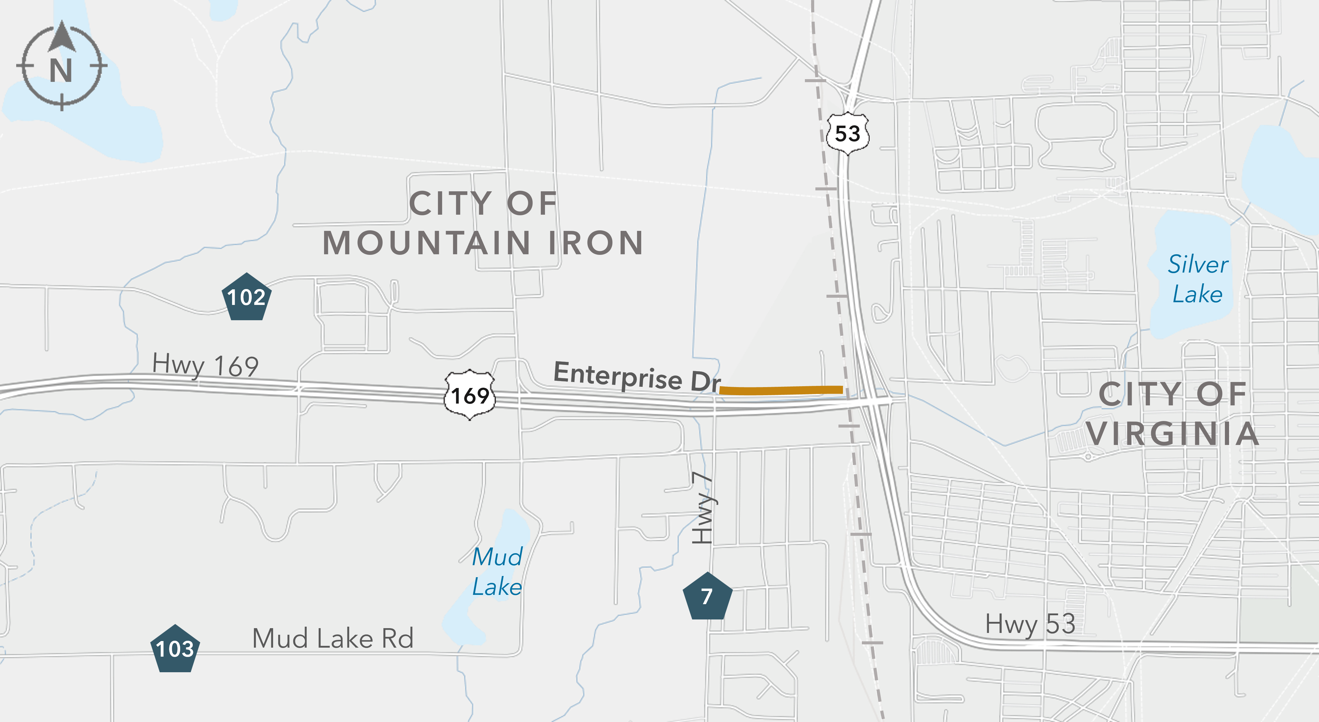 Map centered around US 169 and Enterprise Dr in Mountain Iron, MN