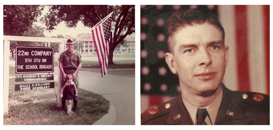 Man in military standing next to base sign and portrait of man in the military in uniform