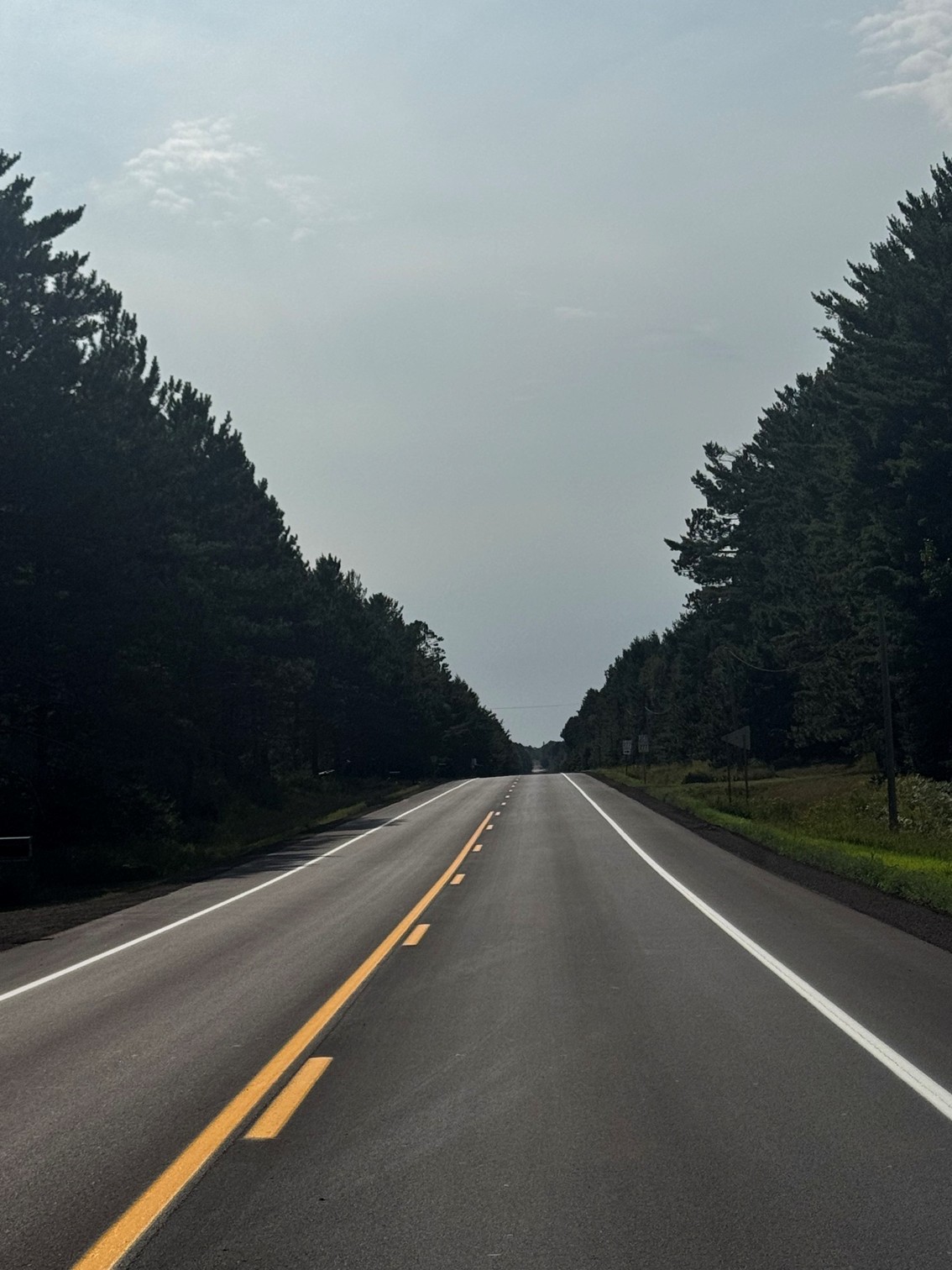 A straight road flanked by tall green trees on both sides under a cloudy sky.