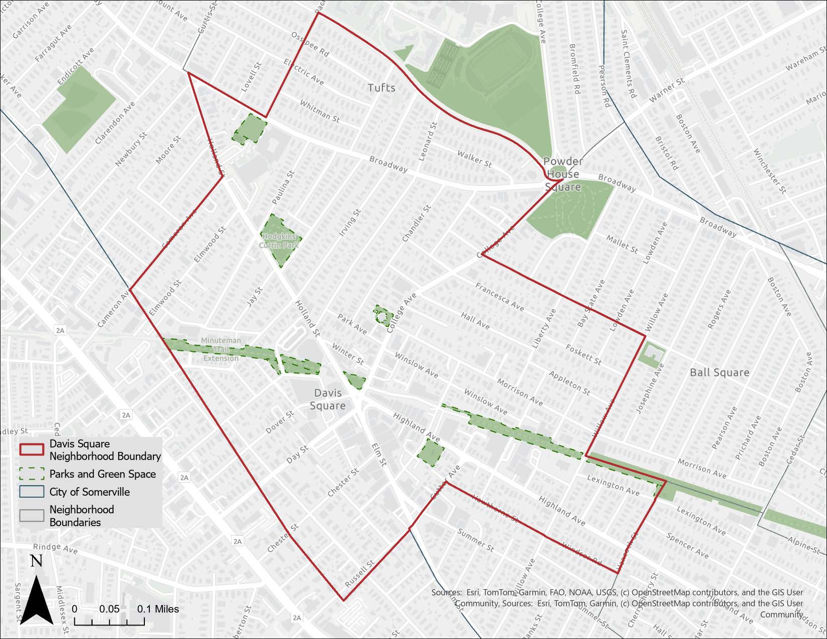 A map outlining the official project boundary for the Davis Square Neighborhood Plan, showing surrounding public parks, green spaces, and adjacent Somerville neighborhood borders.