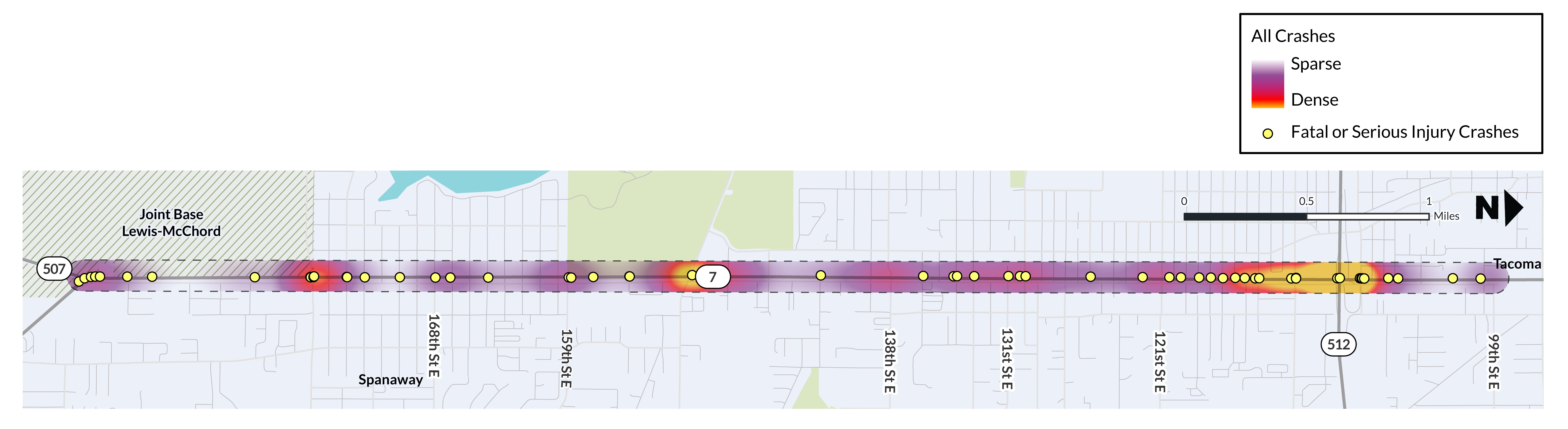 Map of crashes on SR 7 between SR 507 and 99th Street South from 2020 to 2024. Warmer colors show higher crash concentrations; yellow circles show fatal or serious-injury crashes.