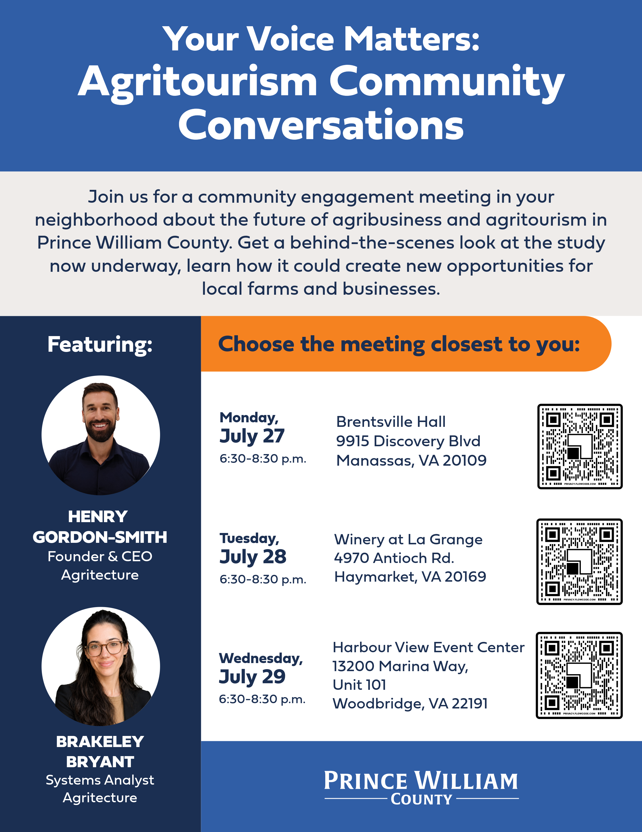 Agritourism Community Conversations flyer reflecting dates and links to RSVP found in the Meeting Schedule paragraph.