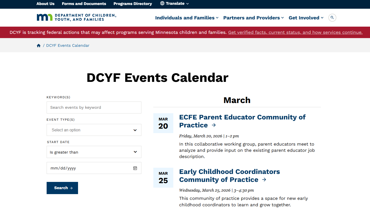 Events list on the DCYF website