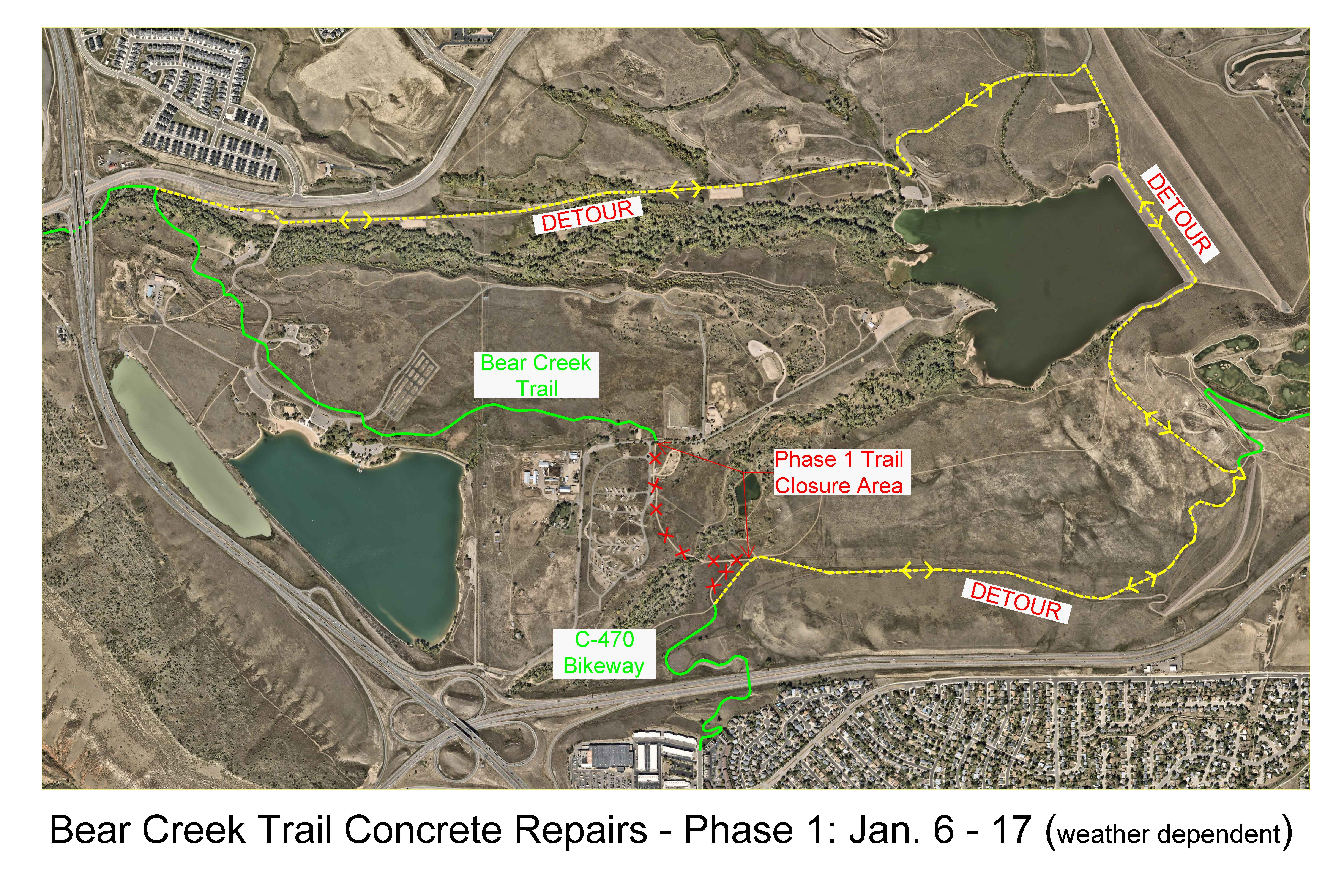 map of detours and closure area for concrete work on Bear Creek Trail in Bear Creek Lake Park