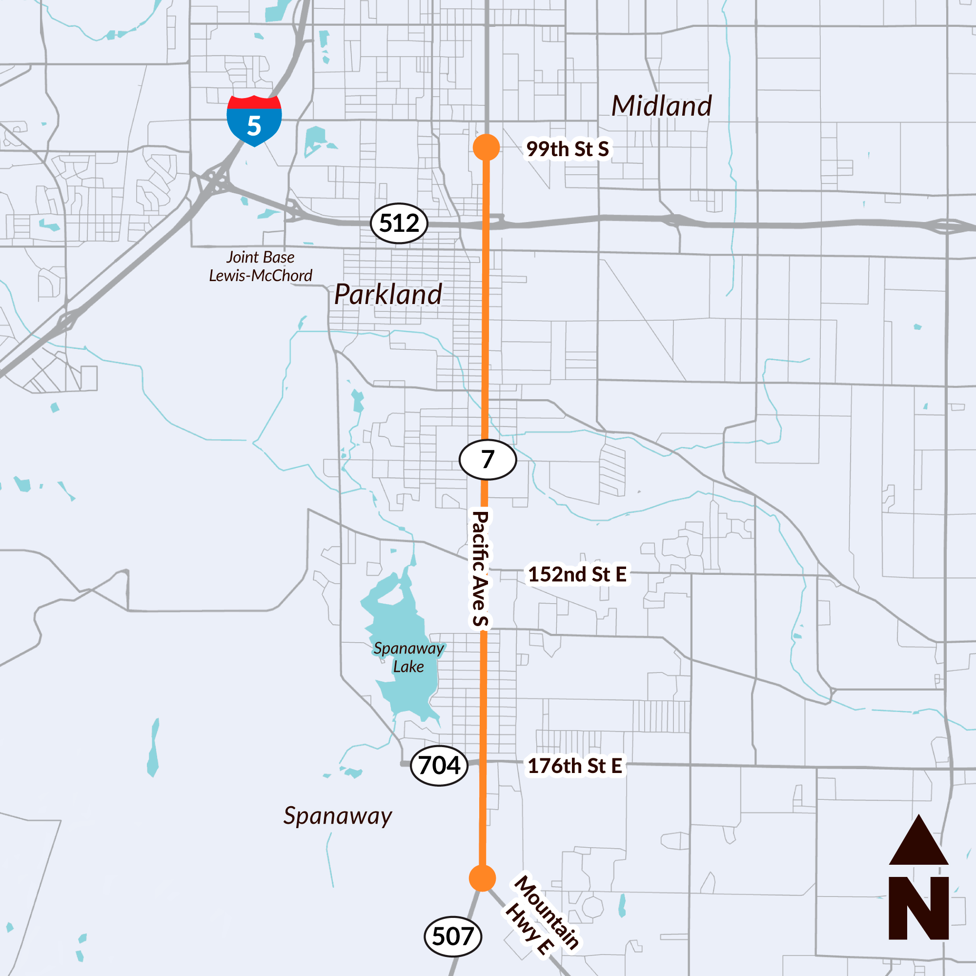 Map of the SR 7 (Pacific Avenue South) pre-design corridor in Pierce County, Washington. The highlighted corridor extends north–south from SR 507 (Mountain Highway East) at the south to 99th Street South at the north. Major intersections shown include SR 704/176th Street East, 152nd Street East, and SR 512. Nearby communities include Spanaway, Parkland and Midland. A north arrow is shown in the lower-right corner.