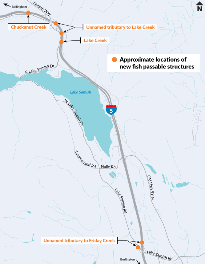 Map of the I-5 Tributaries to Friday, Lake & Chuckanut Creeks – Fish Passage project area