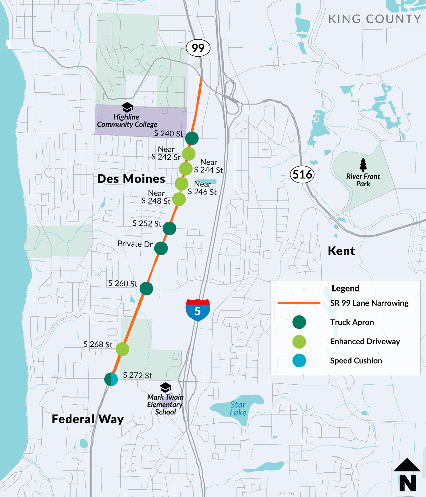  A map showing proposed truck aprons on SR 99 with dark green circle. These are at intersections for South 272nd Street, South 260th Street, a private street for commercial businesses, South 252nd Street, and South 240th Street. The map also shows a light green circle for proposed enhanced intersections at South 268th Street, South 248th Street, South 246th Street, South 244th Street, and South 242nd Street. There is one proposed speed cushion that is shown with a blue circle at South 272nd Street. An orange line representing lane narrowing is shown for the entire length of the project, from South 27nd Street to SR 516.