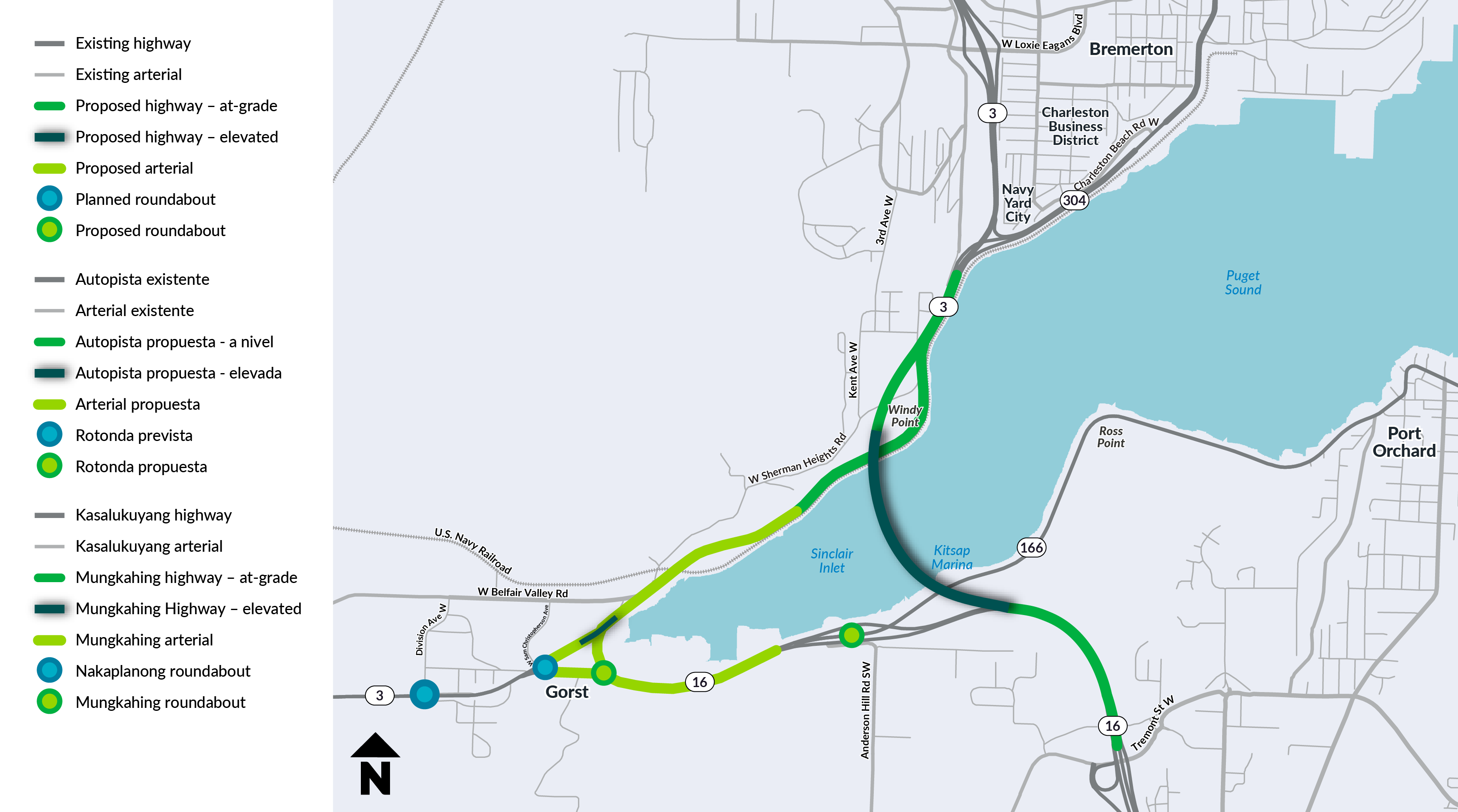 Map of Alternative B-2 (Windy Point Bridge partial bypass west) showing the proposed at-grade highway near Gorst, an elevated highway segment near Windy Point, a proposed arterial, and planned and proposed roundabouts.