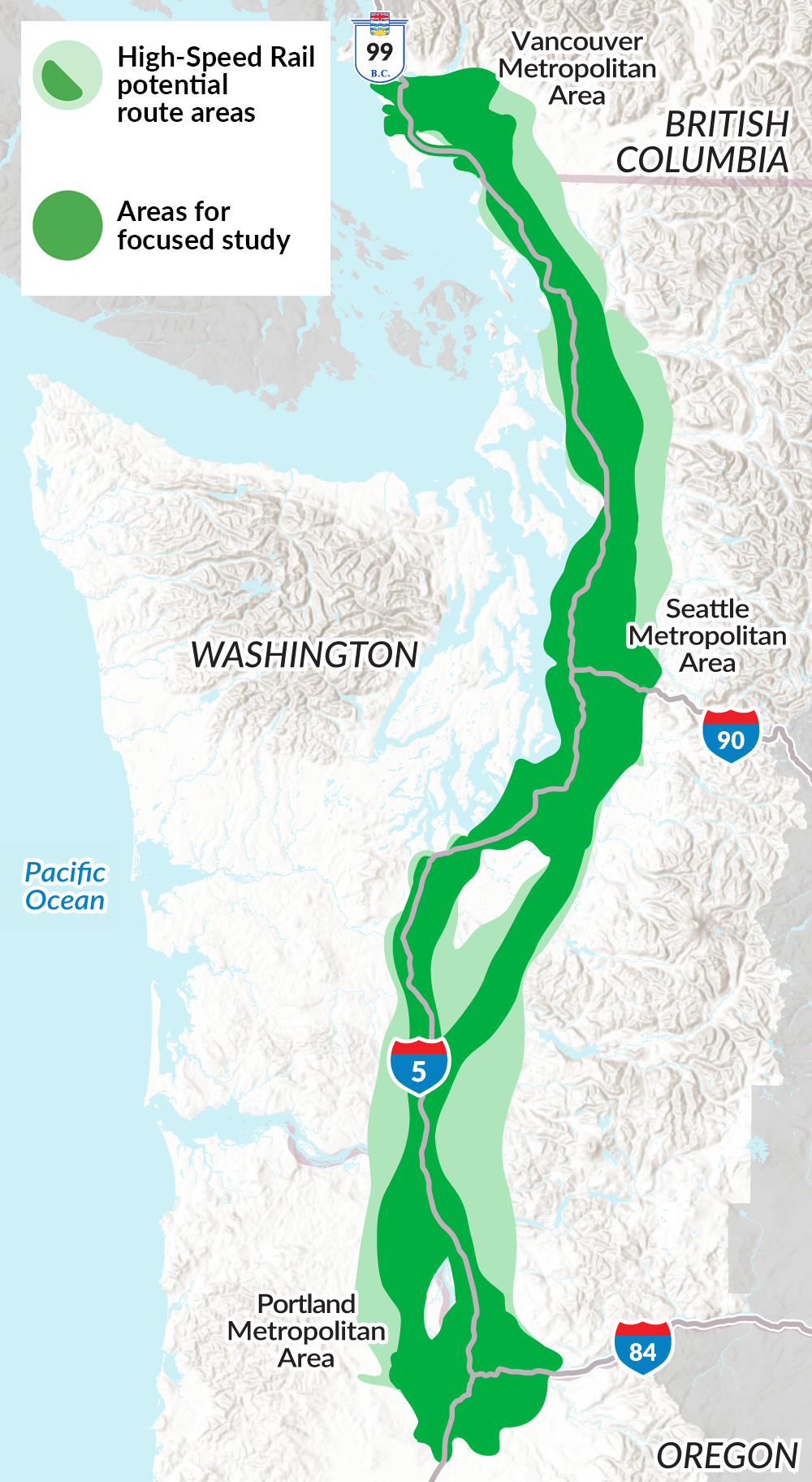 A refined study area highlighting narrower potential route options and focused study zones along the same route.