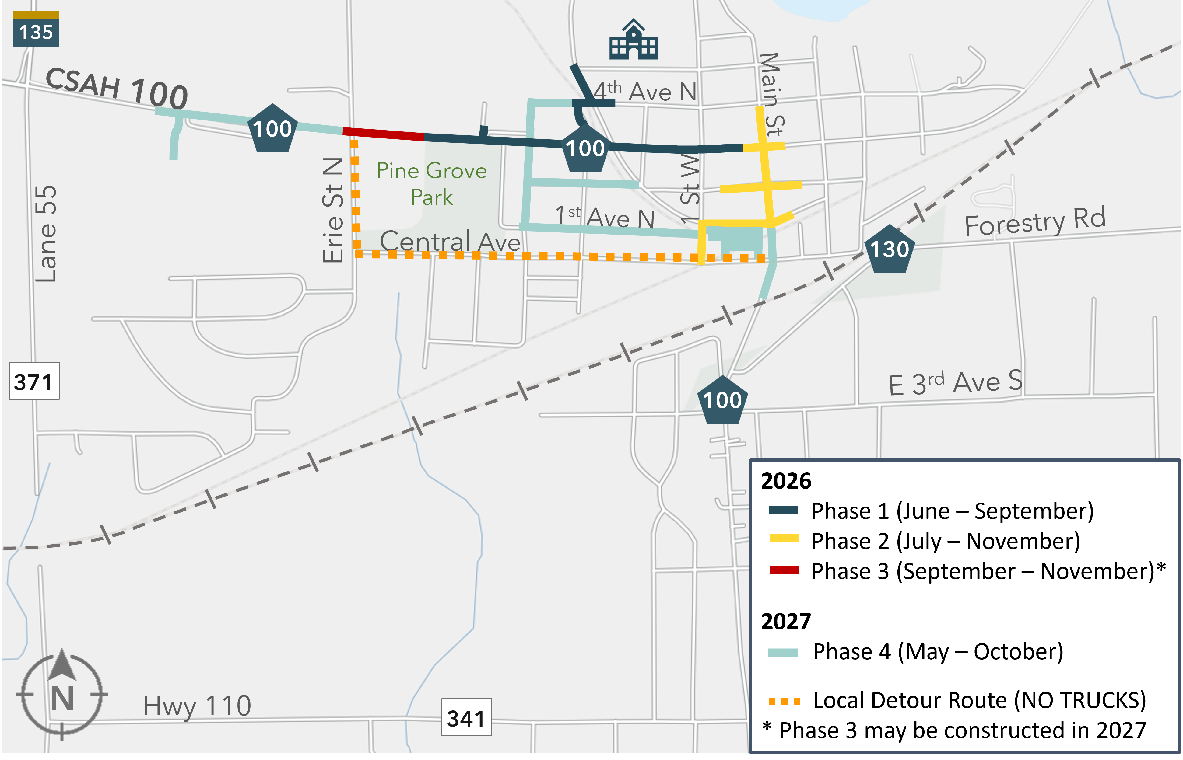 Map of a road construction project with four colored phases and a local detour route, showing years and timelines for each phase.
