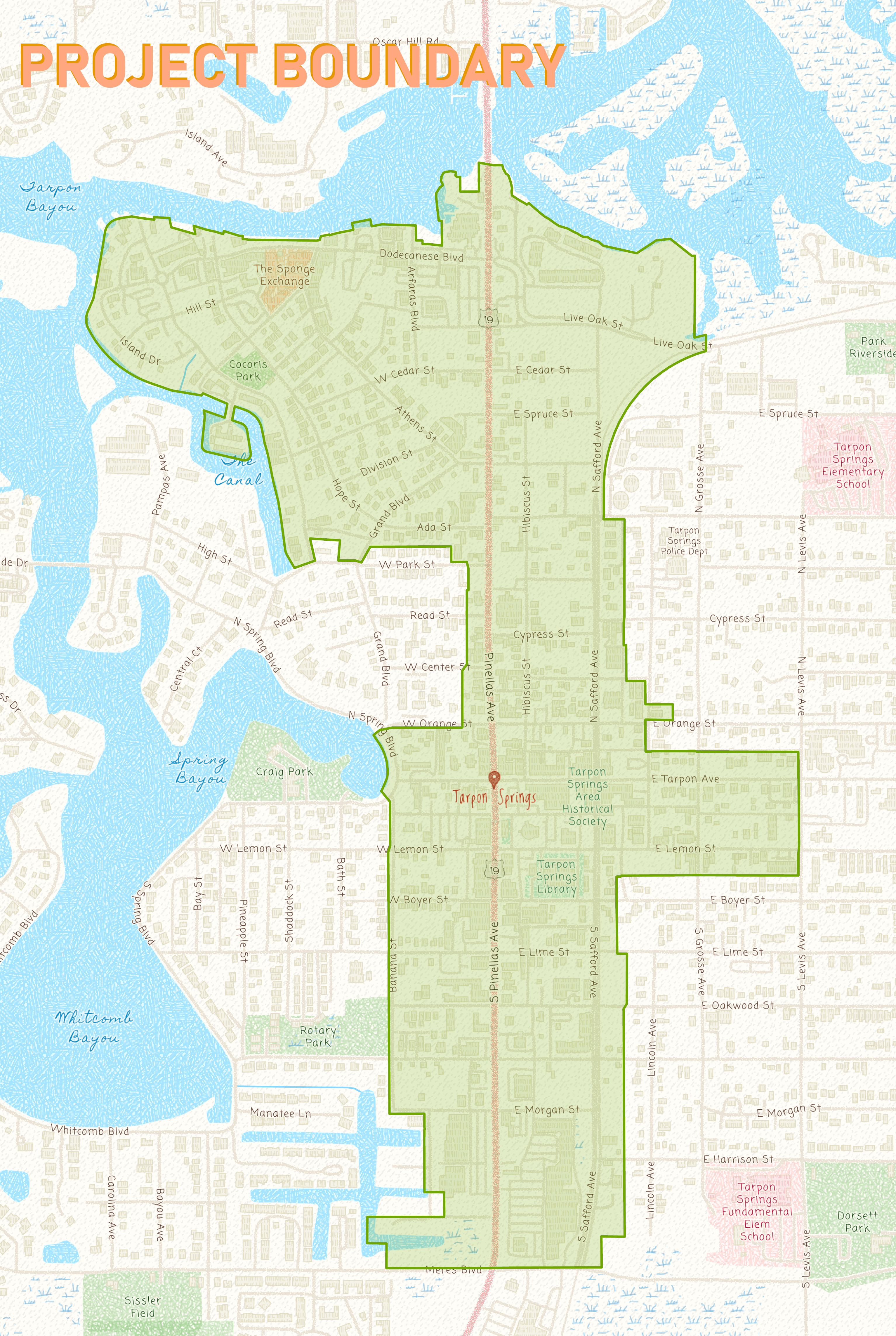 Map showing the project boundary which generally includes the areas of the Sponge Docks, downtown Tarpon Springs, and the Pinellas Avenue corridor from Meres Blvd. north to Anclote River.