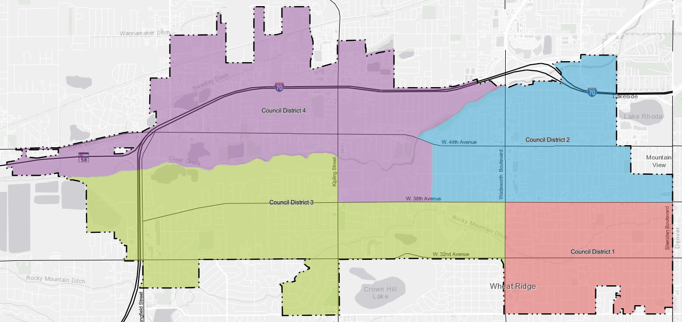 Map showing the Wheat Ridge City Council Districts