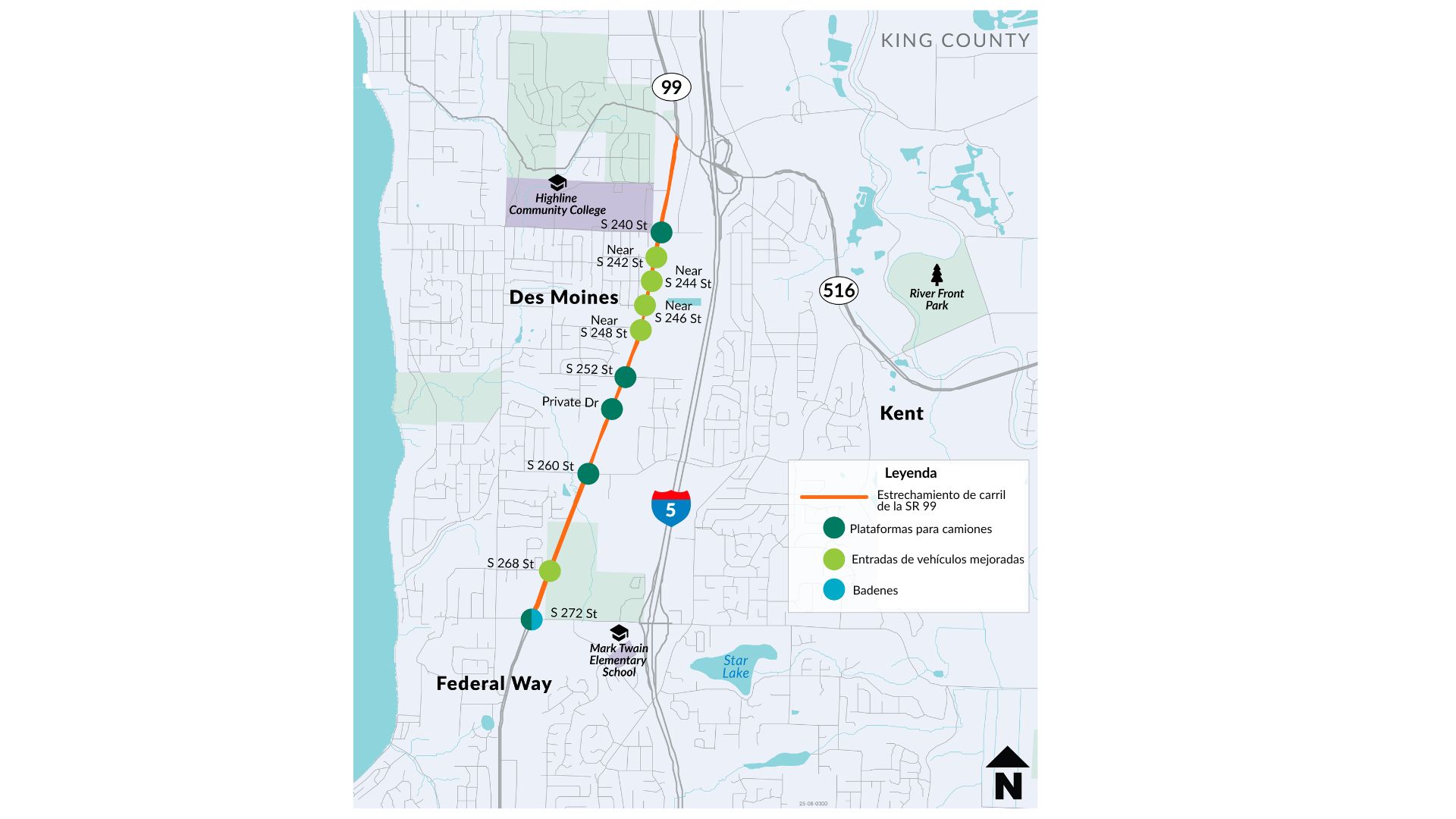 un mapa que muestra las plataformas para camiones propuestas en la SR 99 con un círculo verde oscuro. Estas se encuentran en las intersecciones de South 272nd Street, South 260th Street, una calle privada para negocios comerciales, South 252nd Street y South 240th Street. El mapa también muestra un círculo verde claro para las intersecciones mejoradas propuestas en South 268th Street, South 263rd Street, South 248th Street, South 246th Street, South 244th Street y South 242nd Street. Hay un badén propuesto que se muestra con un círculo azul en South 272nd Street. Se muestra una línea naranja que representa el estrechamiento del carril a lo largo de todo el proyecto, desde South 272nd Street hasta la SR 516. 