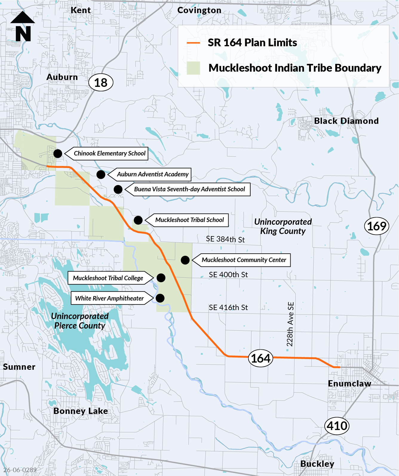 Map of the SR 164 study limits from Auburn to Enumclaw, showing the Muckleshoot Indian Tribe boundary and nearby schools and community destinations.