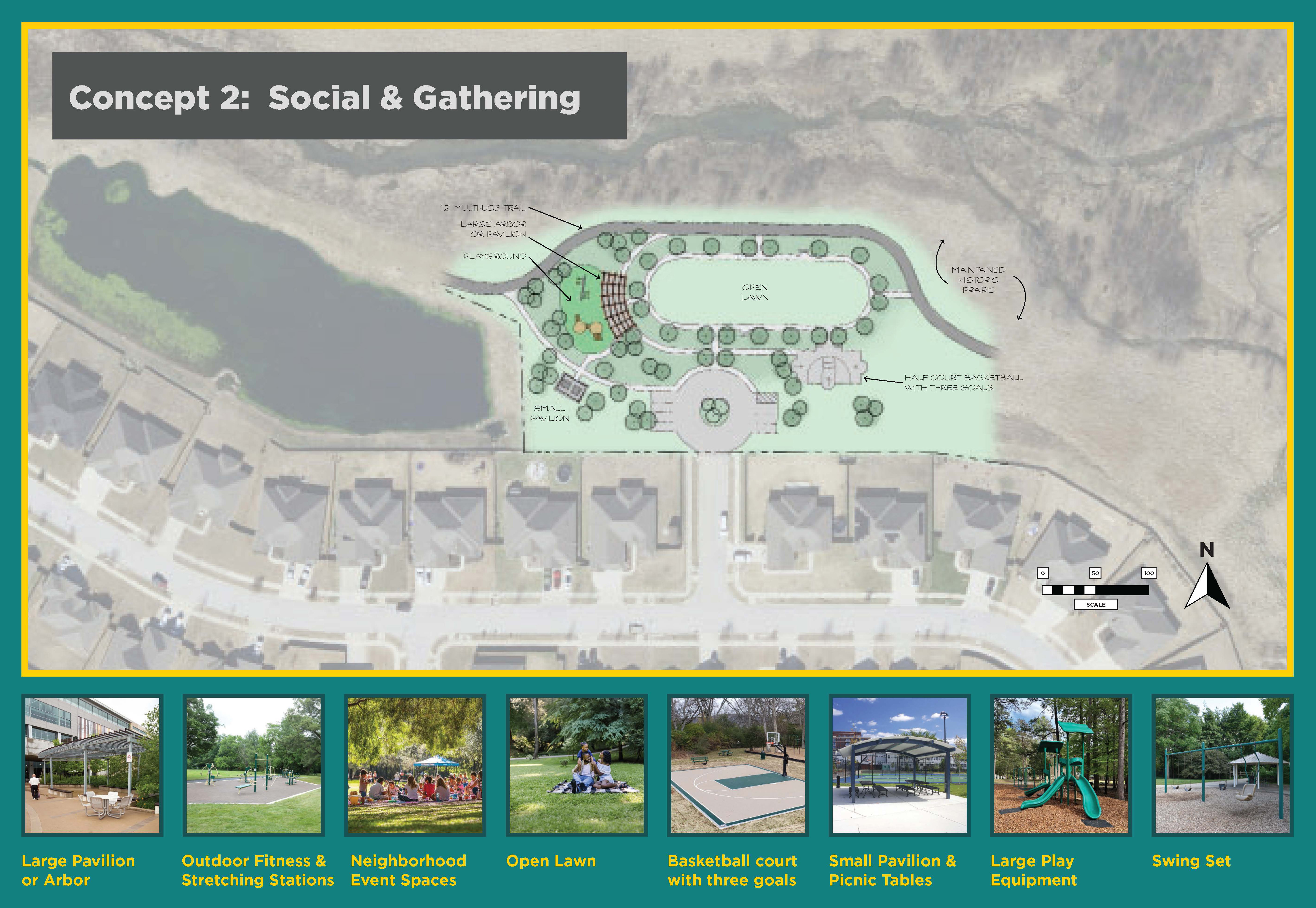Drawn rendering of a park layout overlaid on aerial map of a residential neighborhood. Layout has features (as well as photo examples set at bottom) of large pavilion or arbor, outdoor fitness and stretching stations, neighborhood event spaces, an open lawn, basketball court with three goals, a small pavilion with picnic tables, large play equipment and a swing set.