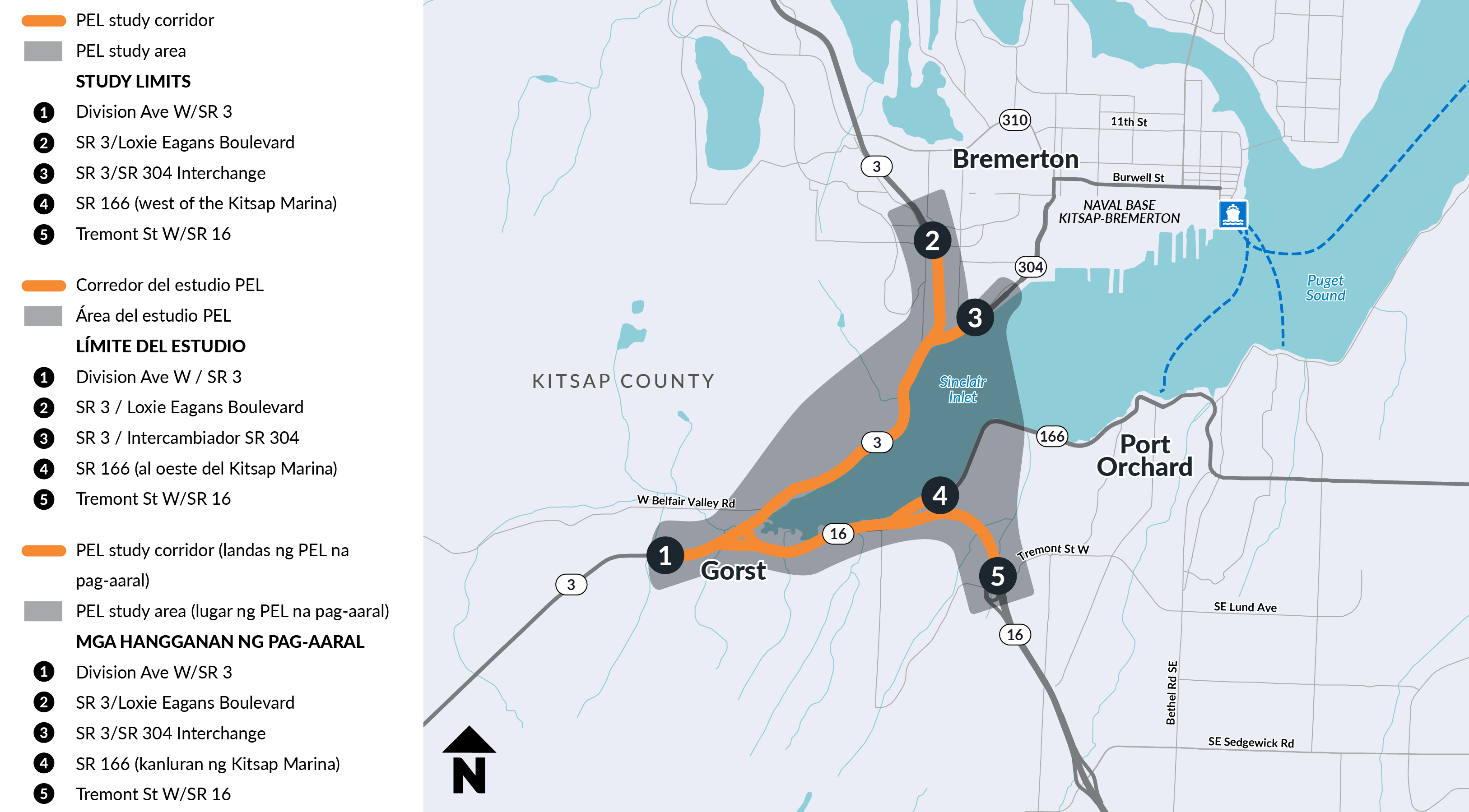 Map of the SR 3 Gorst PEL study area showing five numbered study limits: Division Ave W/SR 3, SR 3/Loxie Eagans Boulevard, SR 3/SR 304 Interchange, SR 166 west of the Kitsap Marina, and Tremont St W/SR 16.
