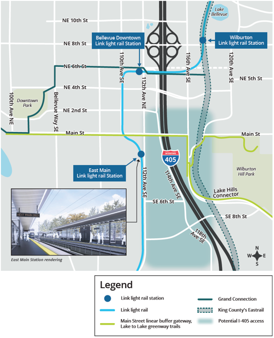 Map of the study area in south downtown Bellevue. The study area extends to Northeast Second Street to the north, 112th Avenue Southeast to the west, south of Southeast Eighth Street to the south and Lake Hills Connector to the east. The map also includes the planning Link light rail and station, Grand Connection, Lake to Lake greenway trails and King County’s Eastrail