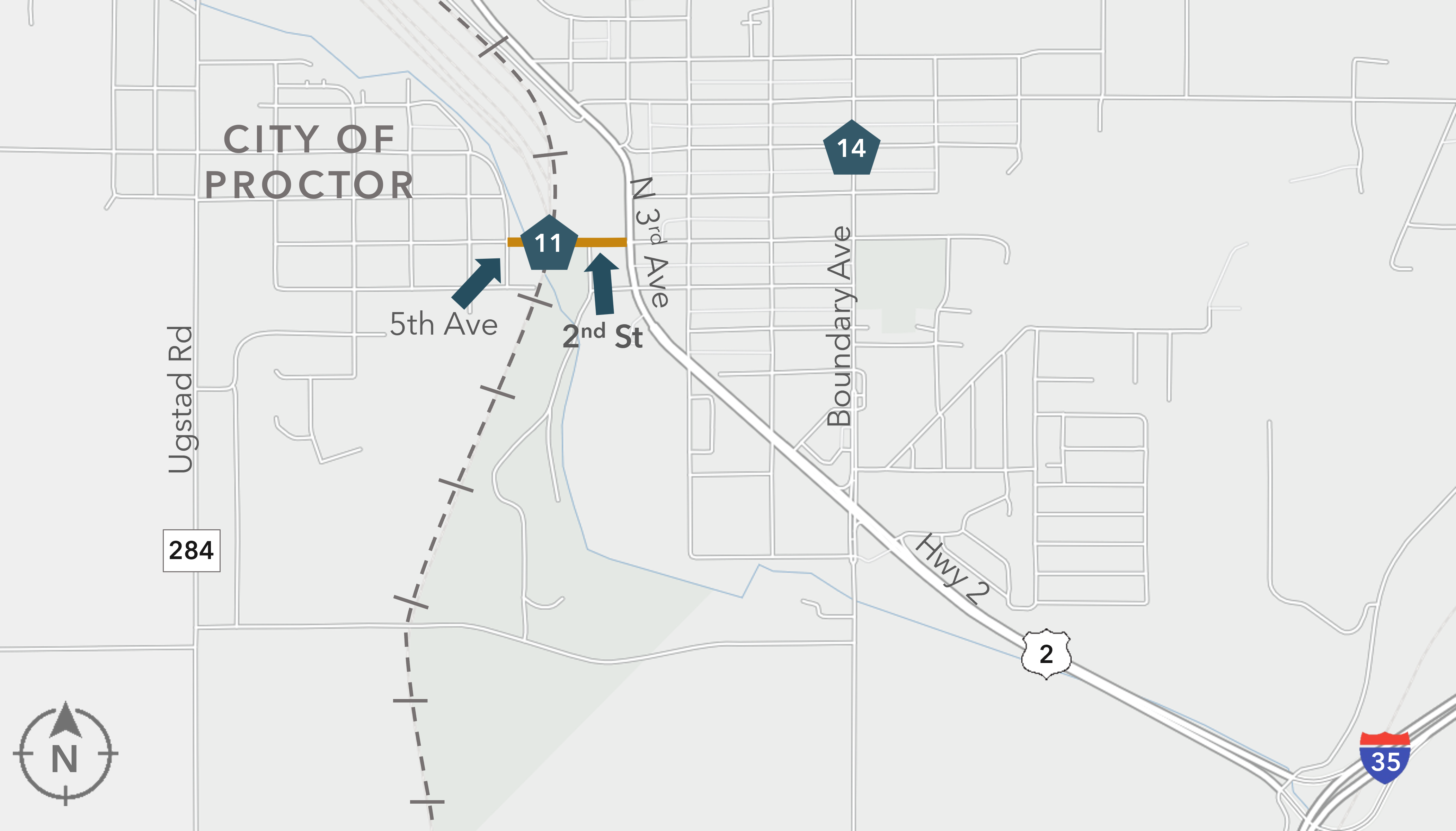 Map Centered on 5th Avenue to Highway 2 in Proctor, MN