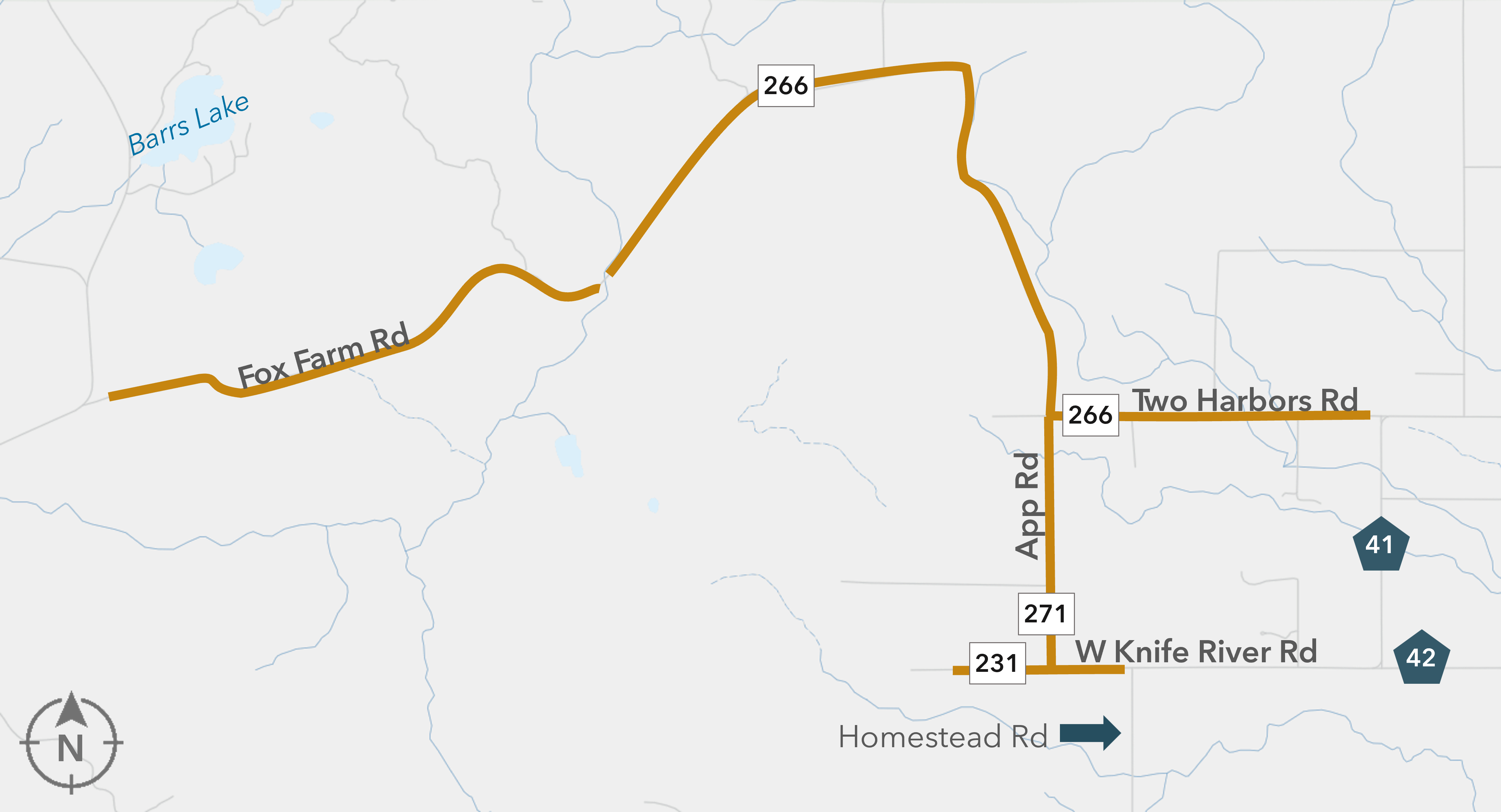 Map Centered around West Knife River Rd, (CR 231) 0.5 miles West of CR 271 (App Rd) to CSAH 42 (Homestead Rd), App Rd (CR271) CR 271 (W. Knife River Rd) to CR 266 (Two Harbors Rd) & Fox Farm Rd (CR 266) CSAH 44 (Pequaywan Lake Rd) to CSAH 41 (Culbertson Rd) in St. Louis County, MN