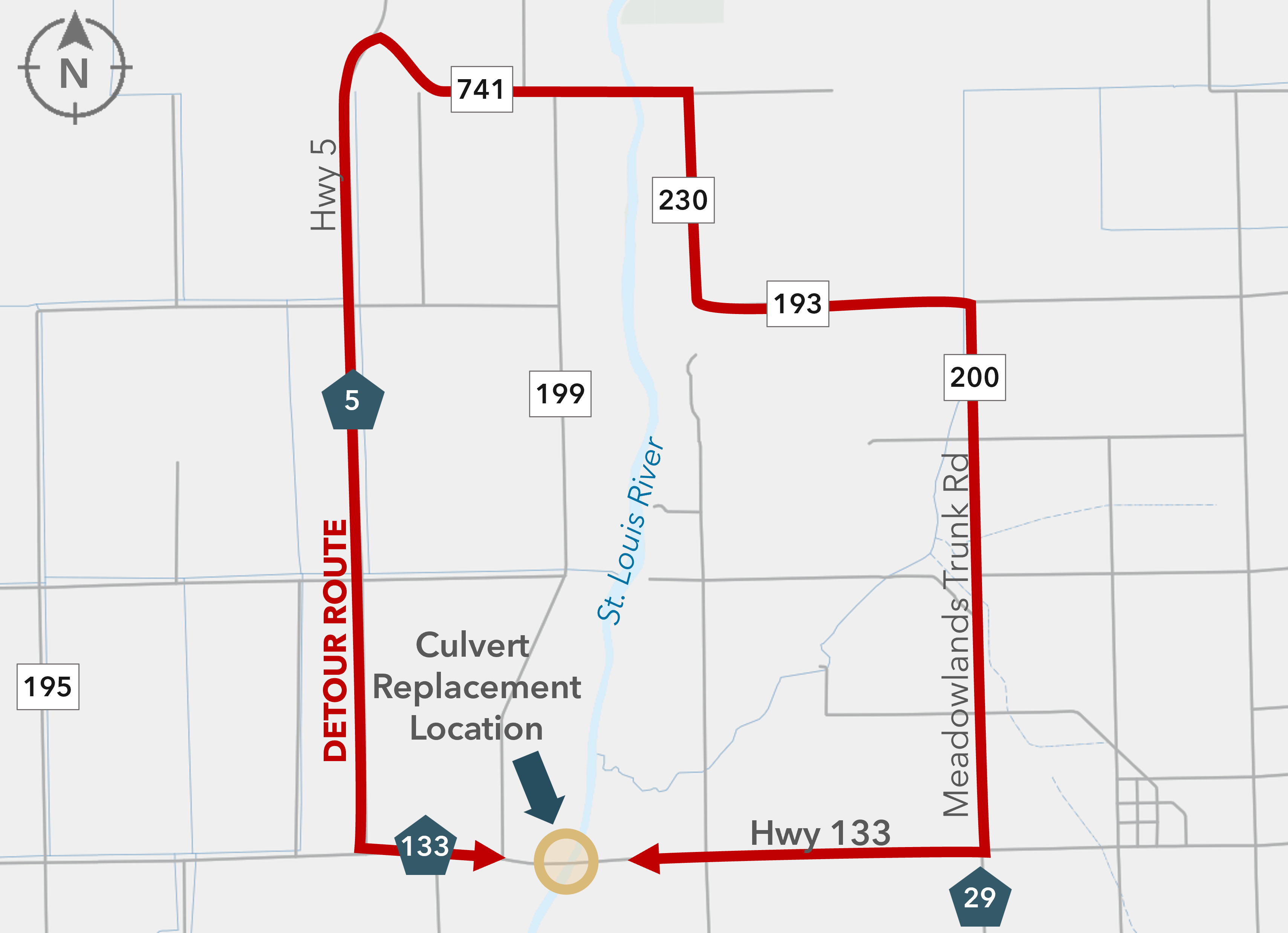 Map centered around 0.7 Mi E of Hwy 5 and 2.0 Mi W of Meadowlands