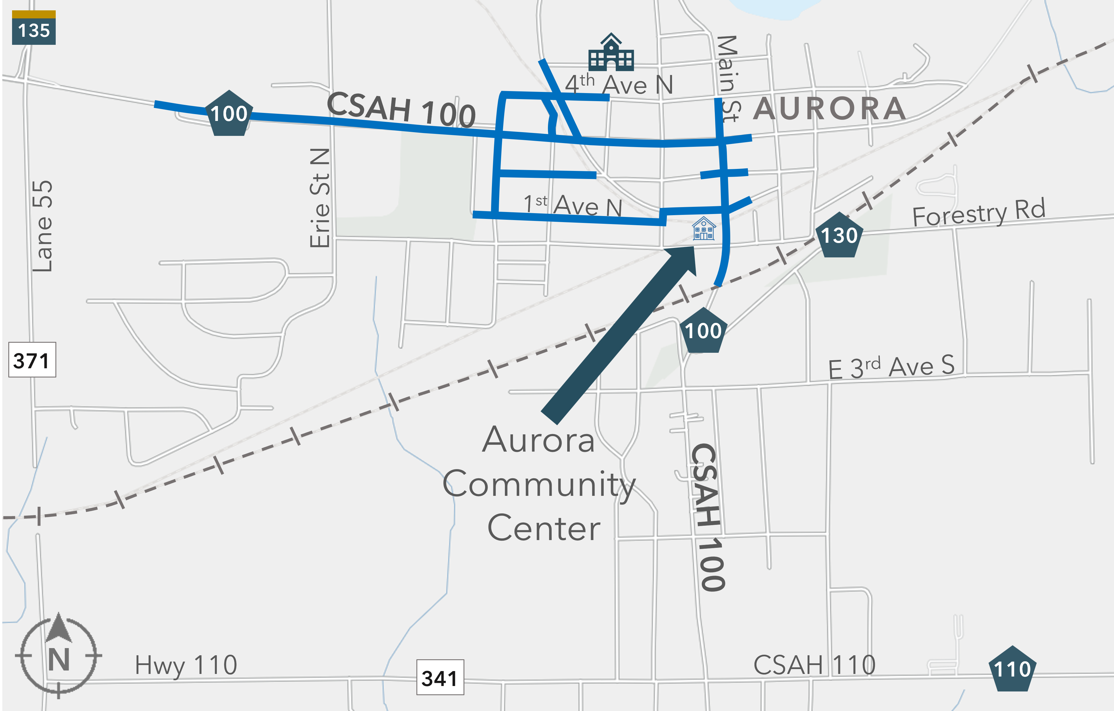 Map Centered around CSAH 100 in Aurora, MN
