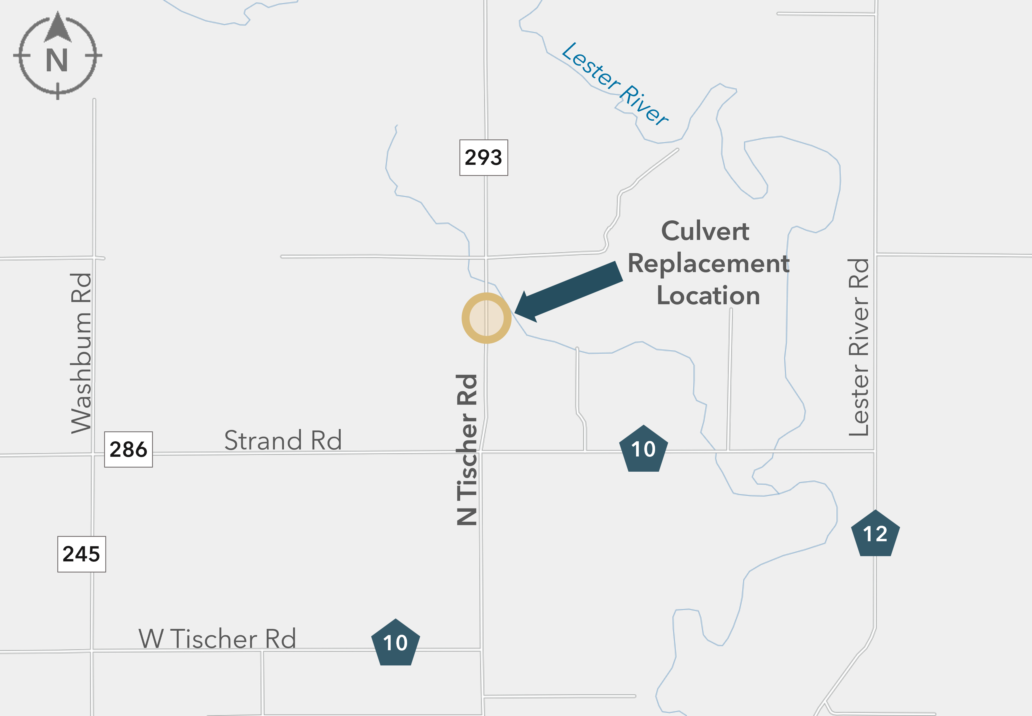 Map showing the "Culvert Replacement Location" on N Tischer Rd near Lester River.