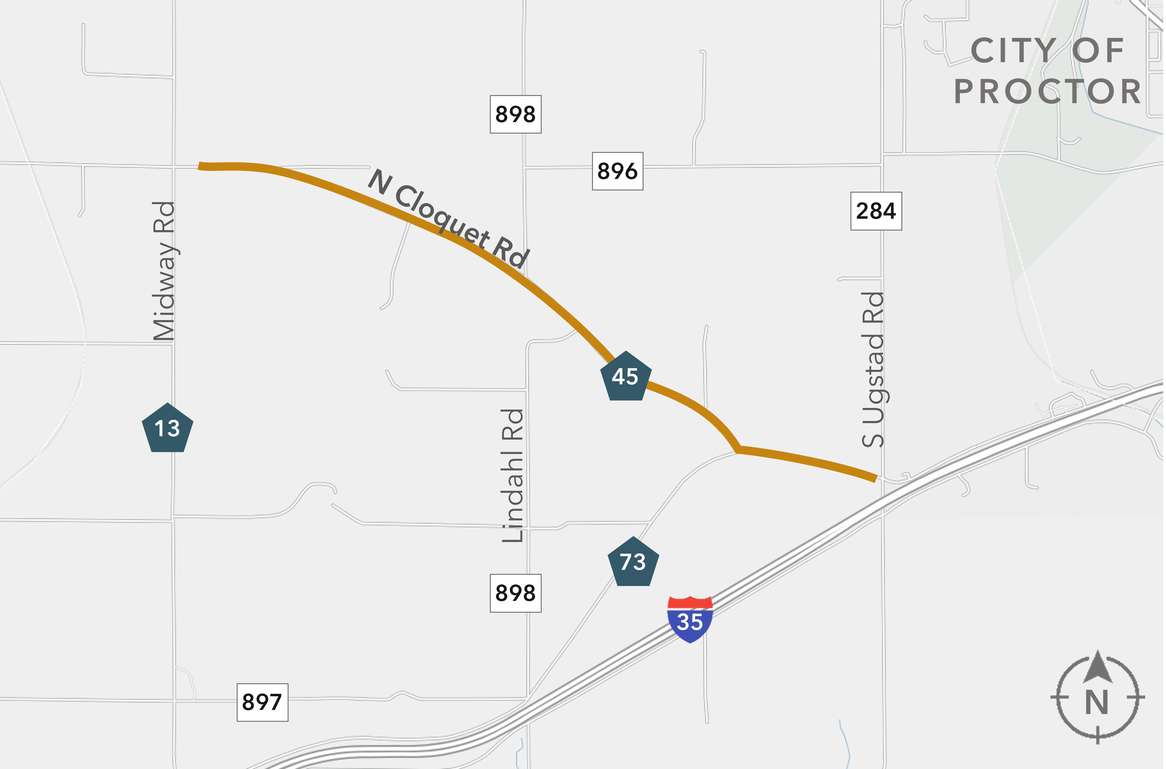 Map of City of Proctor showing roads and route numbers, including N Cloquet Rd, Midway Rd, Lindahl Rd, and S Ugstad Rd. Includes route markers 13, 45, 73, and 35.