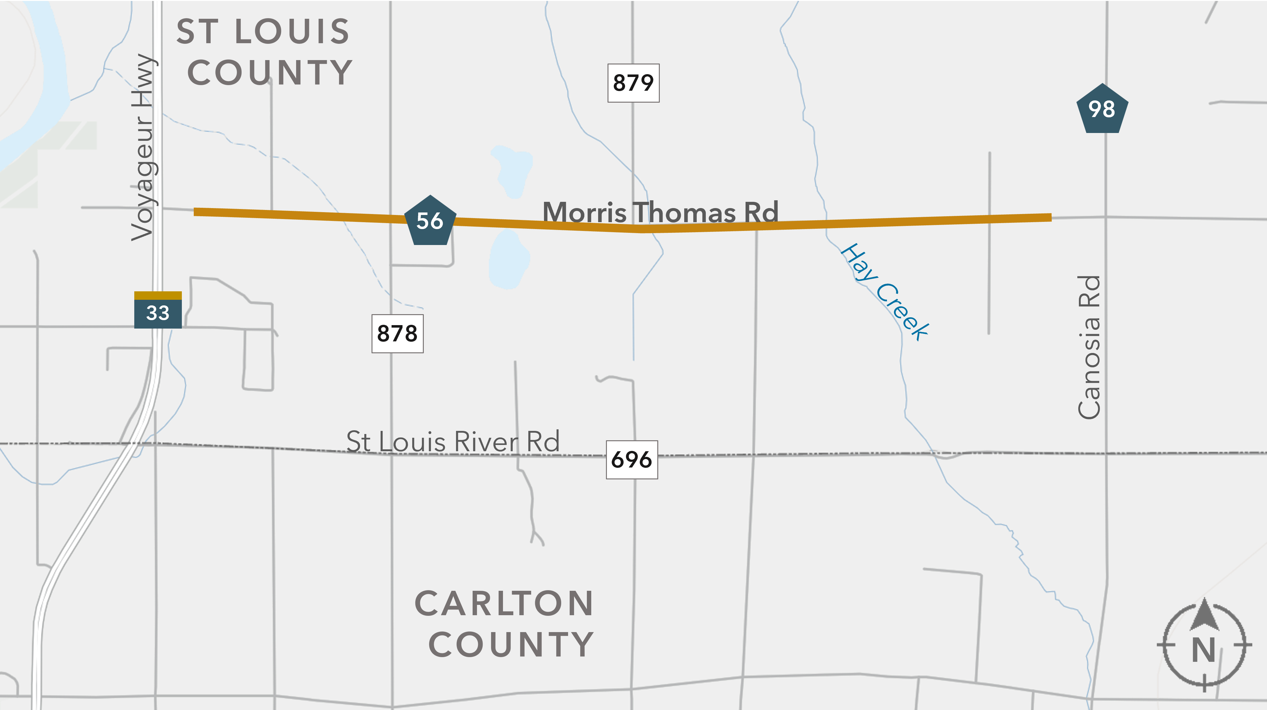 Map showing Morris Thomas Road in St. Louis and Carlton Counties with intersecting routes and Hay Creek.