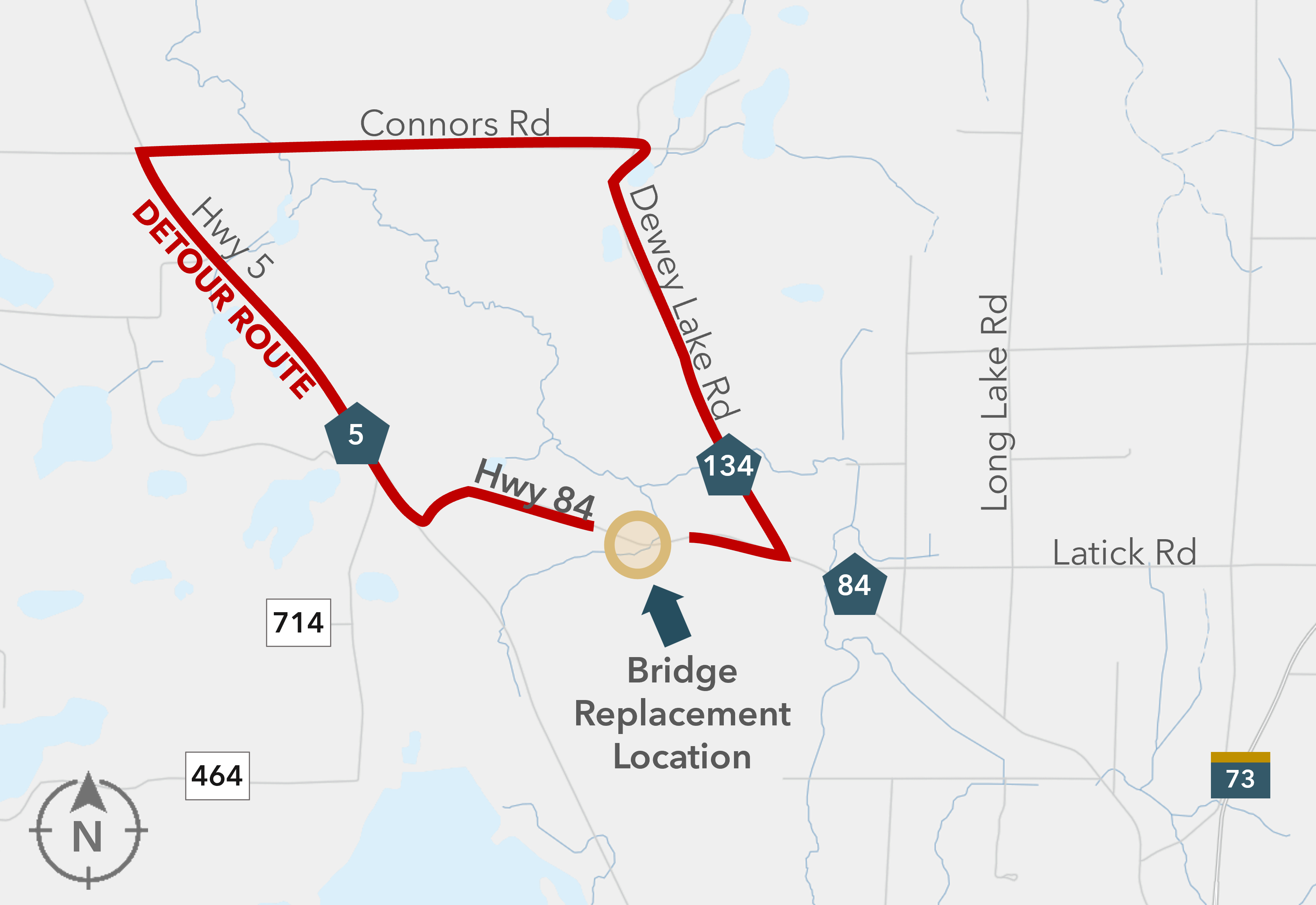 Map showing detour route on Connors Rd, Hwy 5, and Dewey Lake Rd due to bridge replacement on Hwy 84.