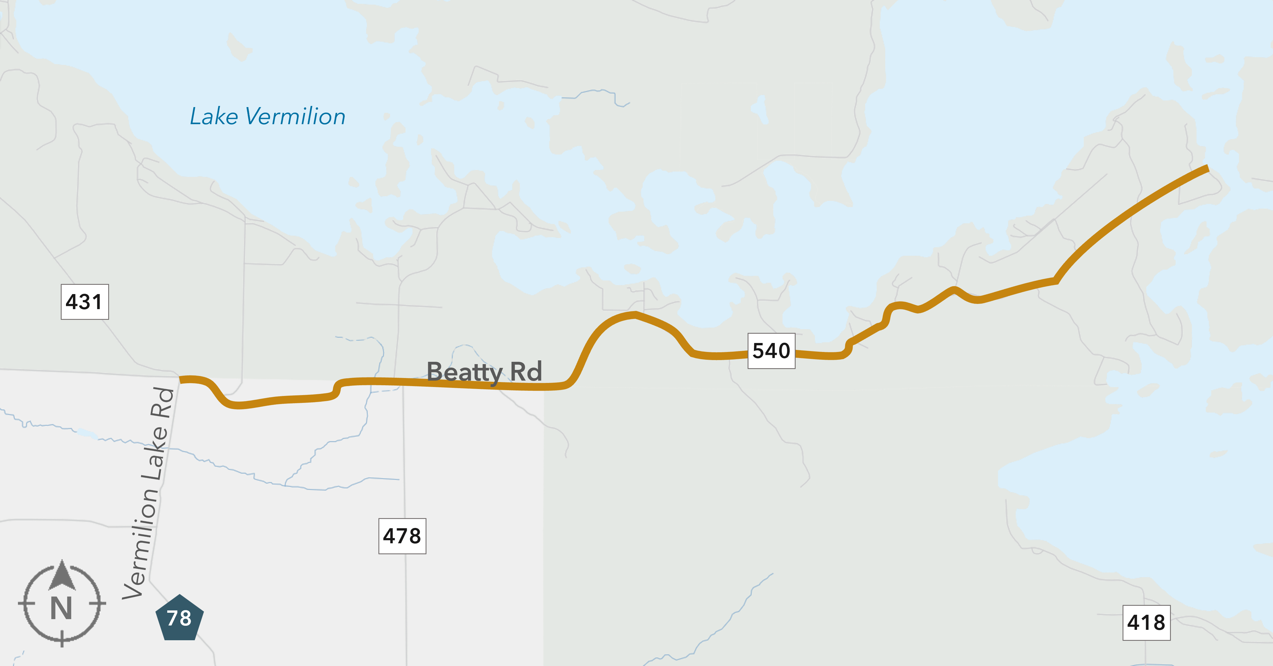 Map showing Lake Vermilion and surrounding roads, including Route 540 and Vermilion Lake Road.