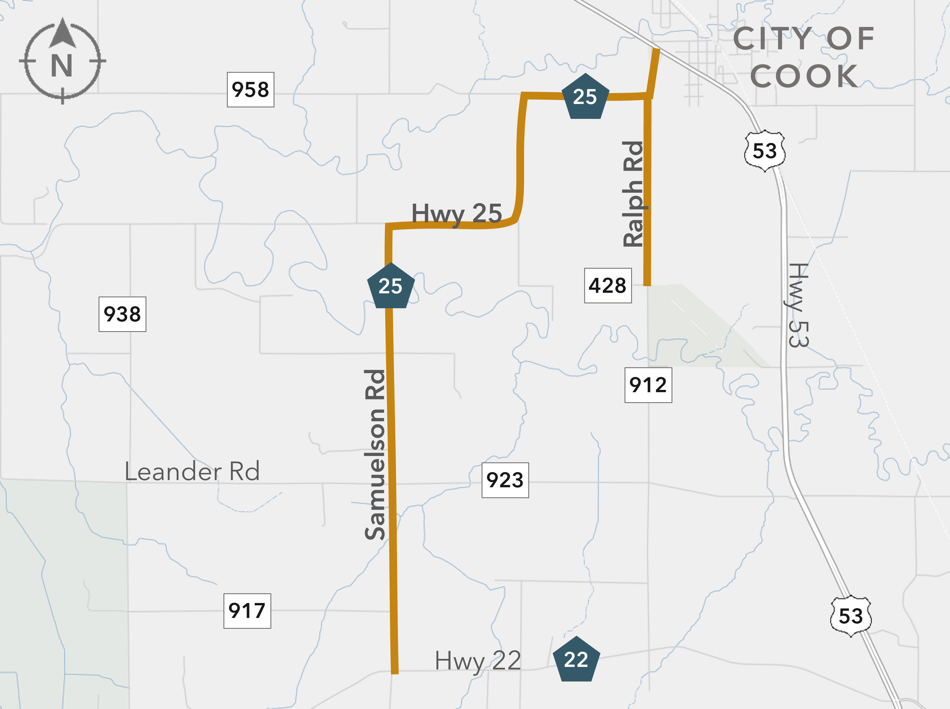Map showing Hwy 25, Samuelson Rd, Ralph Rd, Hwy 22, Hwy 53, and the City of Cook with highways marked in orange.