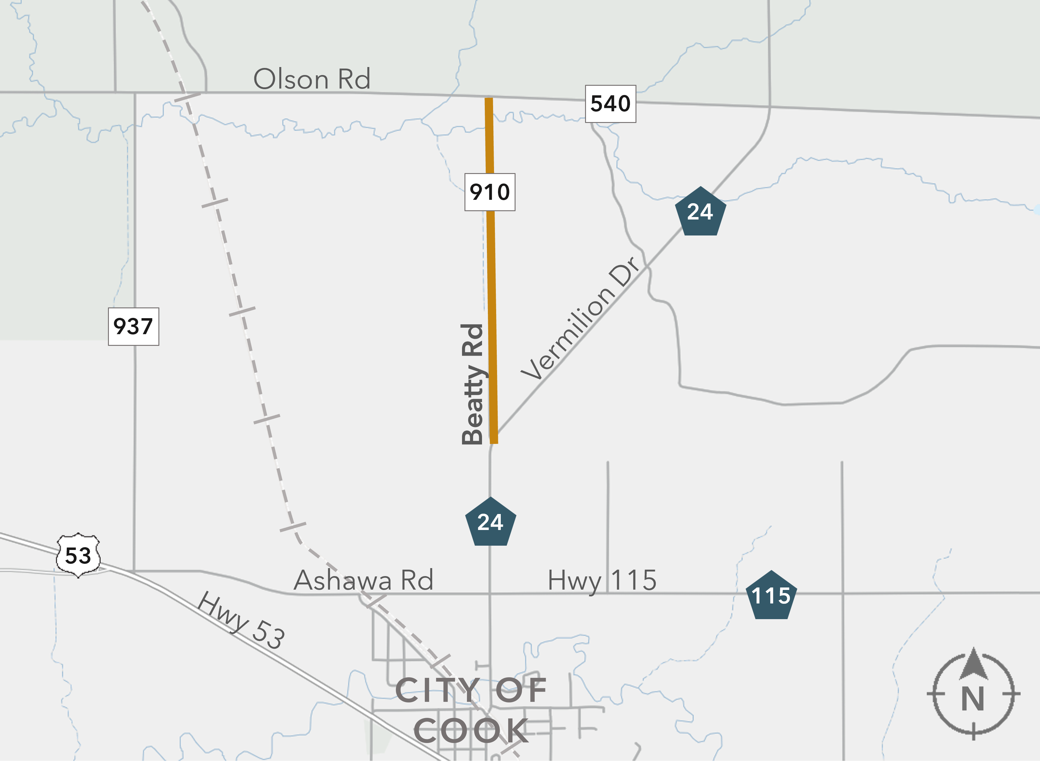 Map showing Beatty Road, Olson Road, and surrounding highways near the City of Cook.