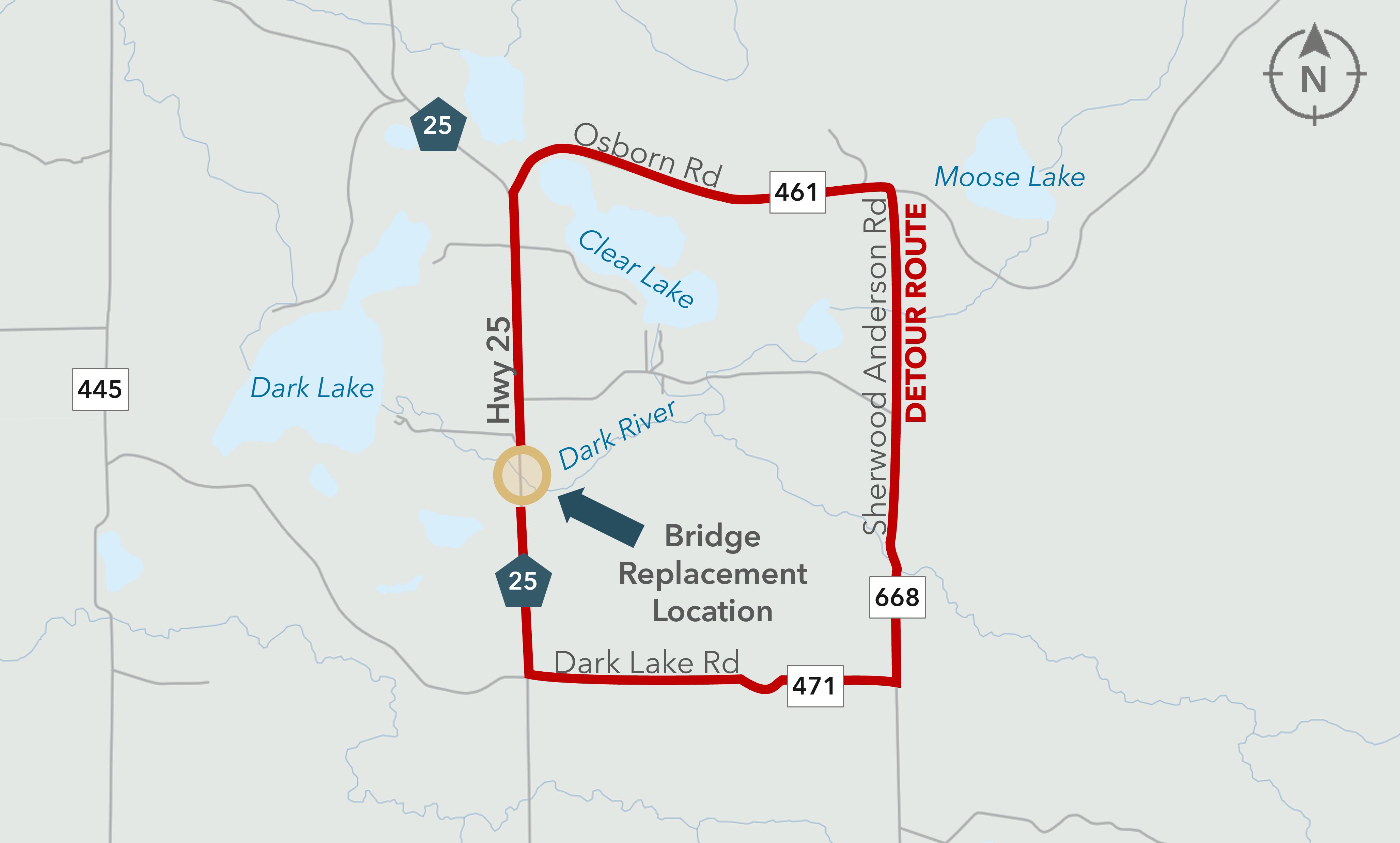 Map showing a detour route around a bridge replacement near Dark Lake, with the detour highlighted in red.