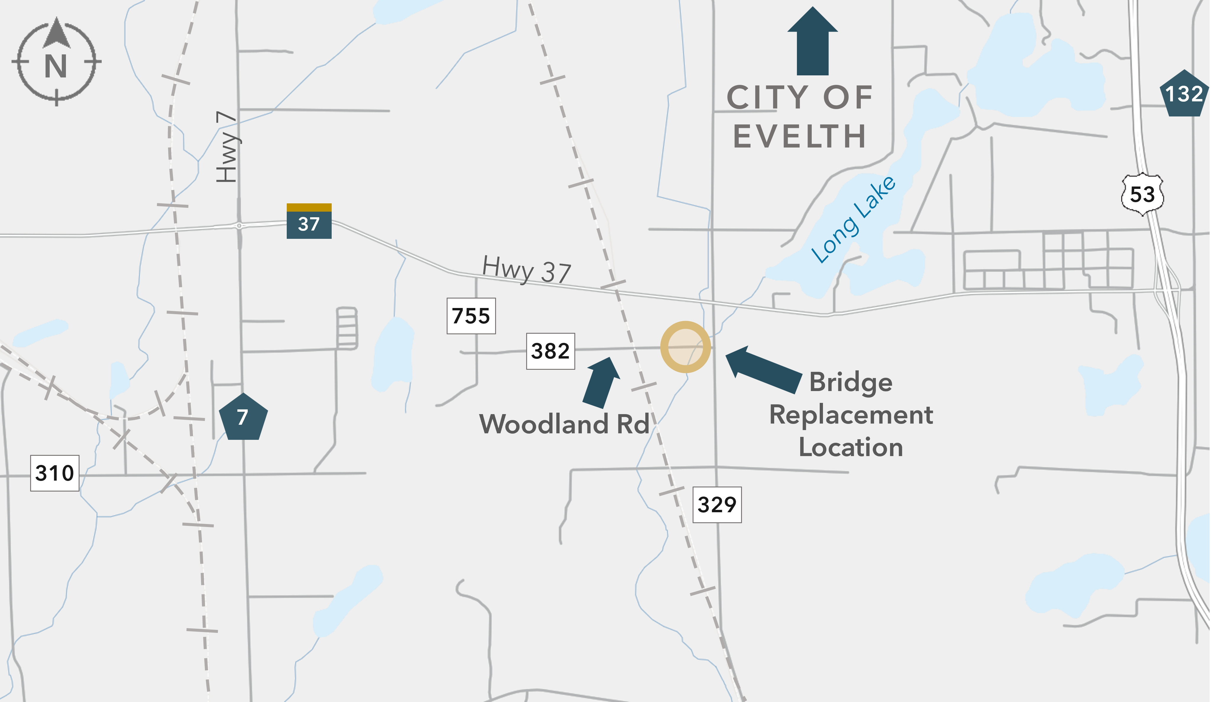 Map showing highways and roads near Eveleth, marking a bridge replacement location on Woodland Rd.