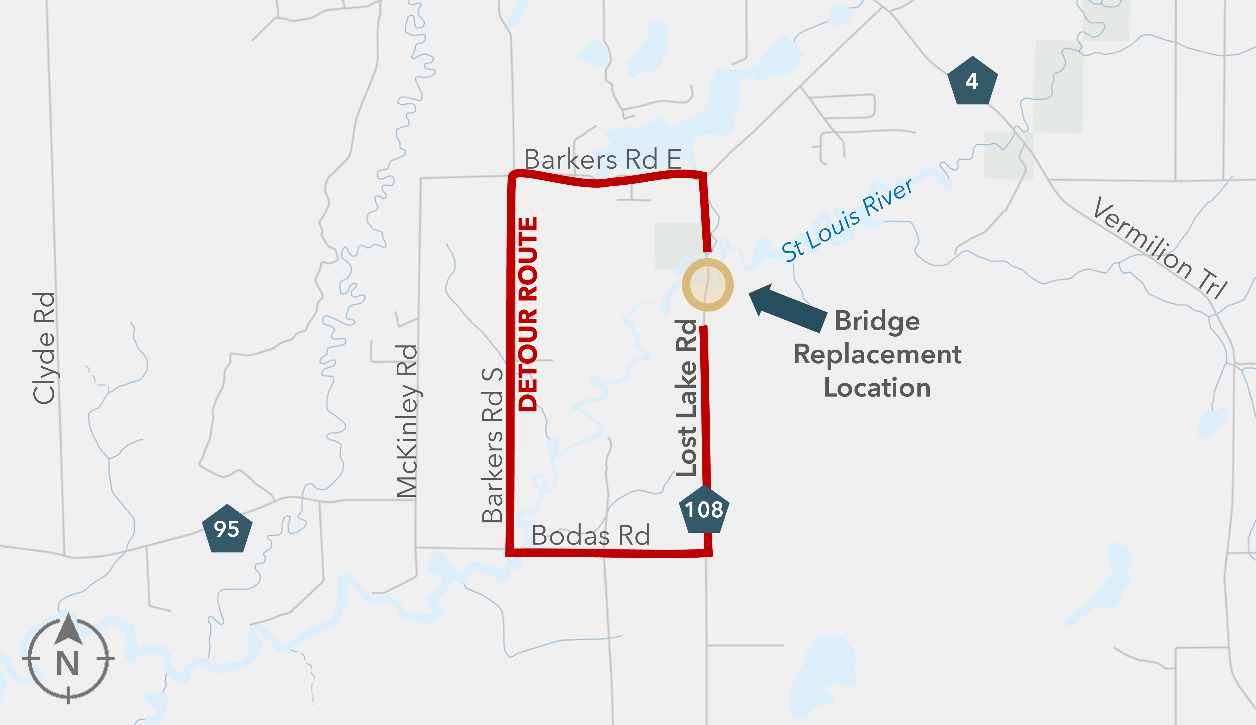 Map showing a detour route around a bridge replacement near the St. Louis River.