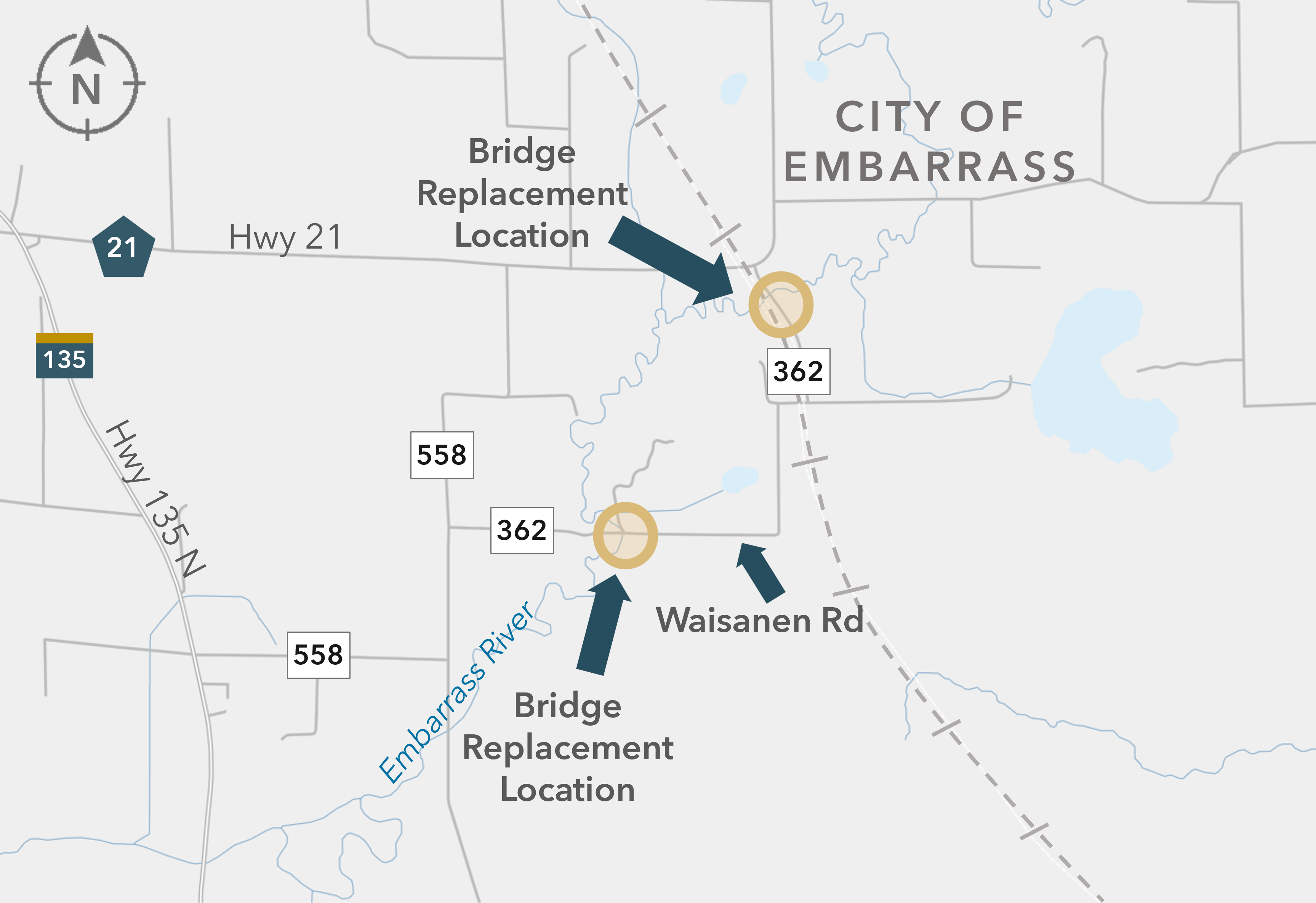 Map showing 2 bridge replacements locations near the City of Embarrass, marked with gold circles and arrows on highways 362 and Waisanen Road.