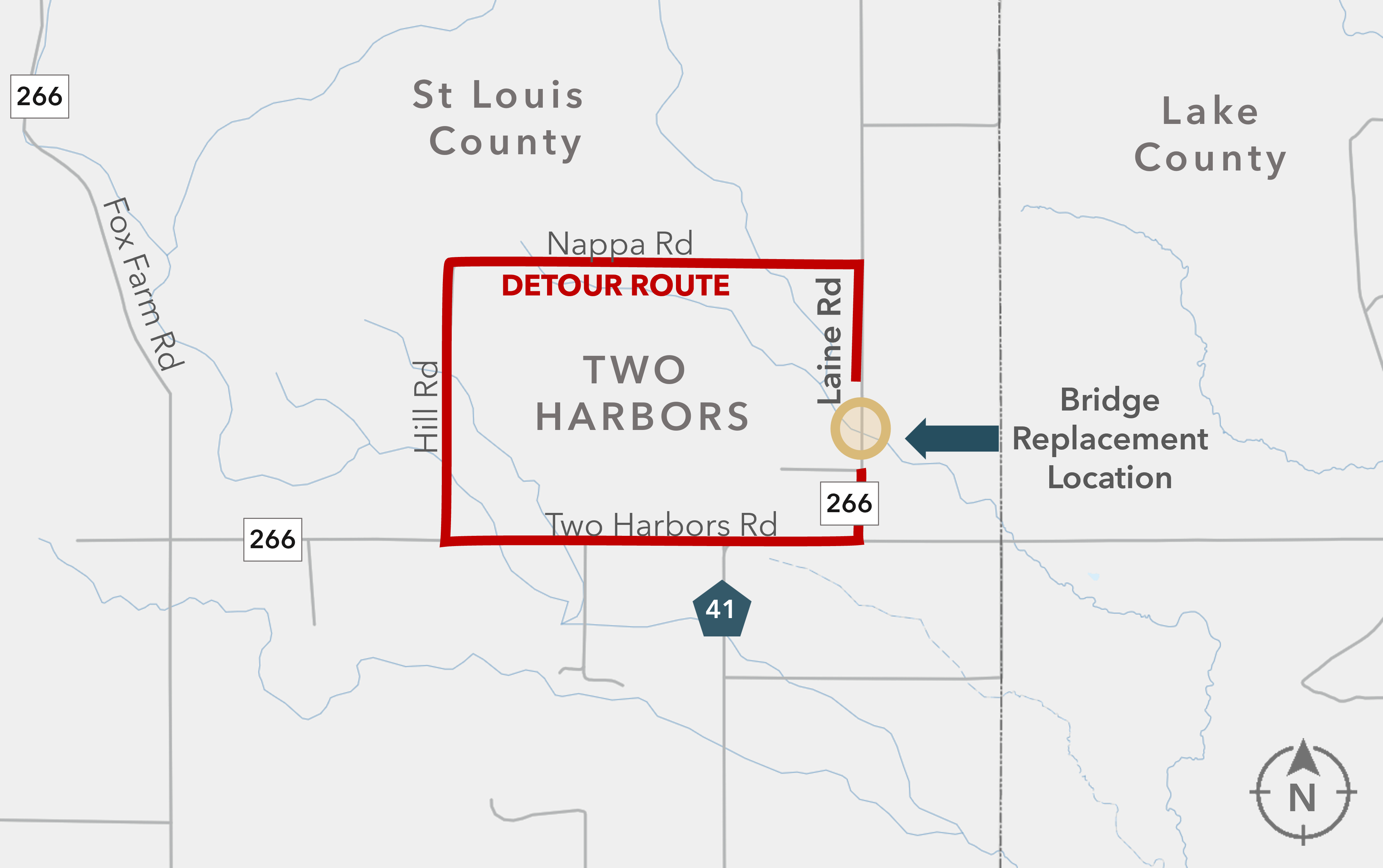 Map showing a detour route around Two Harbors with a bridge replacement near Laine Road.