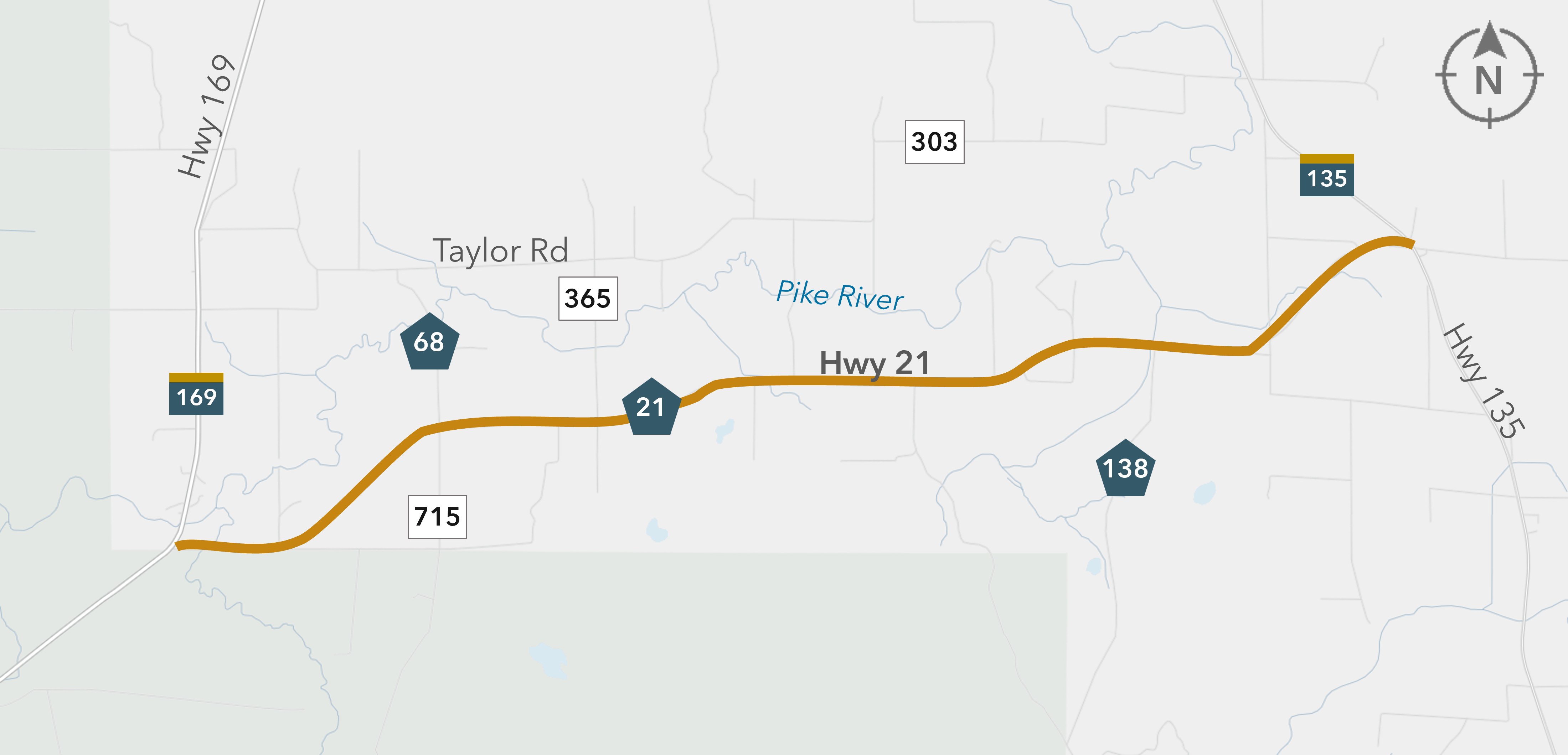 Map showing Hwy 21 in orange, with junctions 169, 68, 21, and 138.