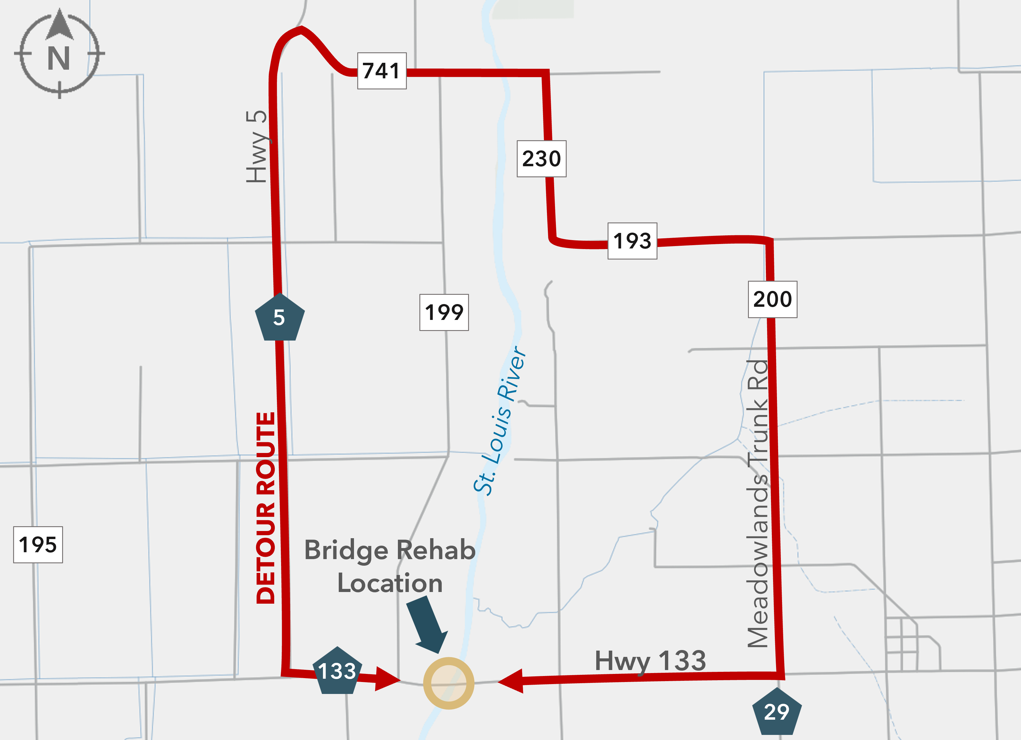 Map centered around 0.7 Mi E of Hwy 5 and 2.0 Mi W of Meadowlands