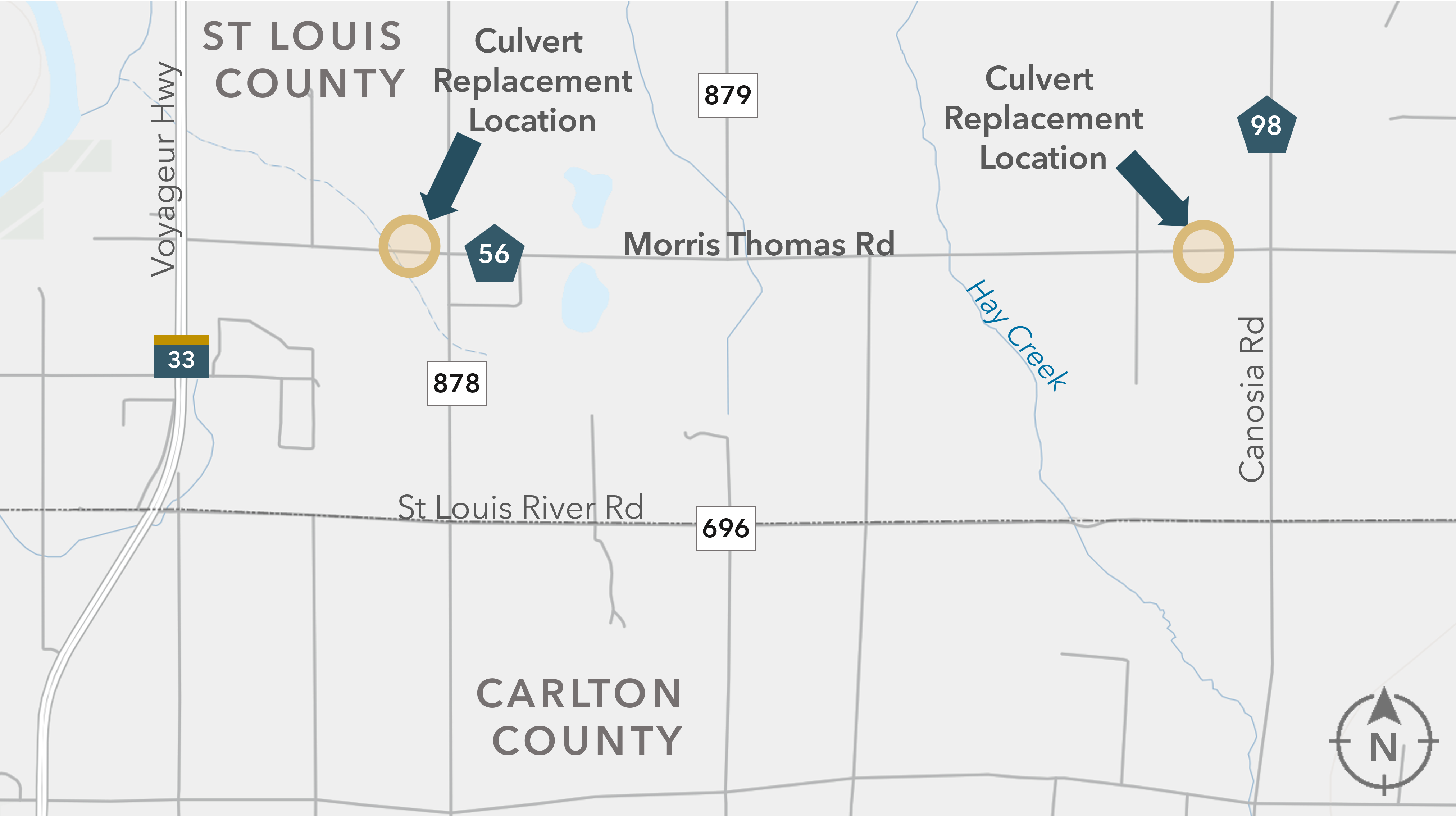 Map showing Morris Thomas Road in St. Louis and Carlton Counties with intersecting routes and Hay Creek.